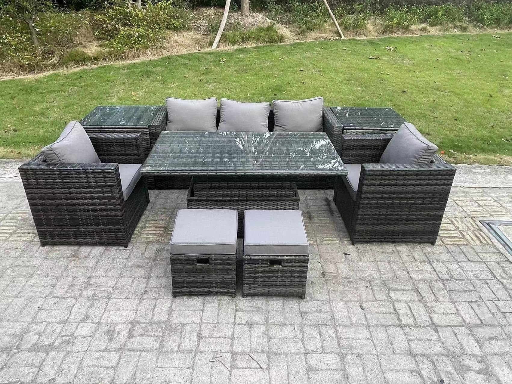 Rattan Garden Furniture Adjustable Rising Lifting Dining Table Sofa Set Chairs 2 Side Coffee Tables 2 Stools