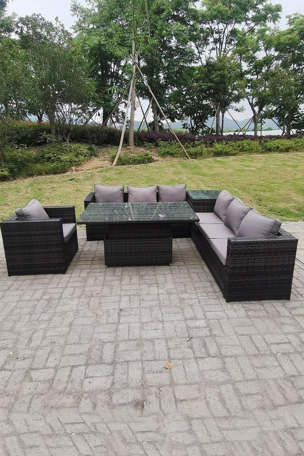 7 Seater Rattan Corner Sofa Set Garden Furniture Rising Adjustable Dining Table Set Arm Chair