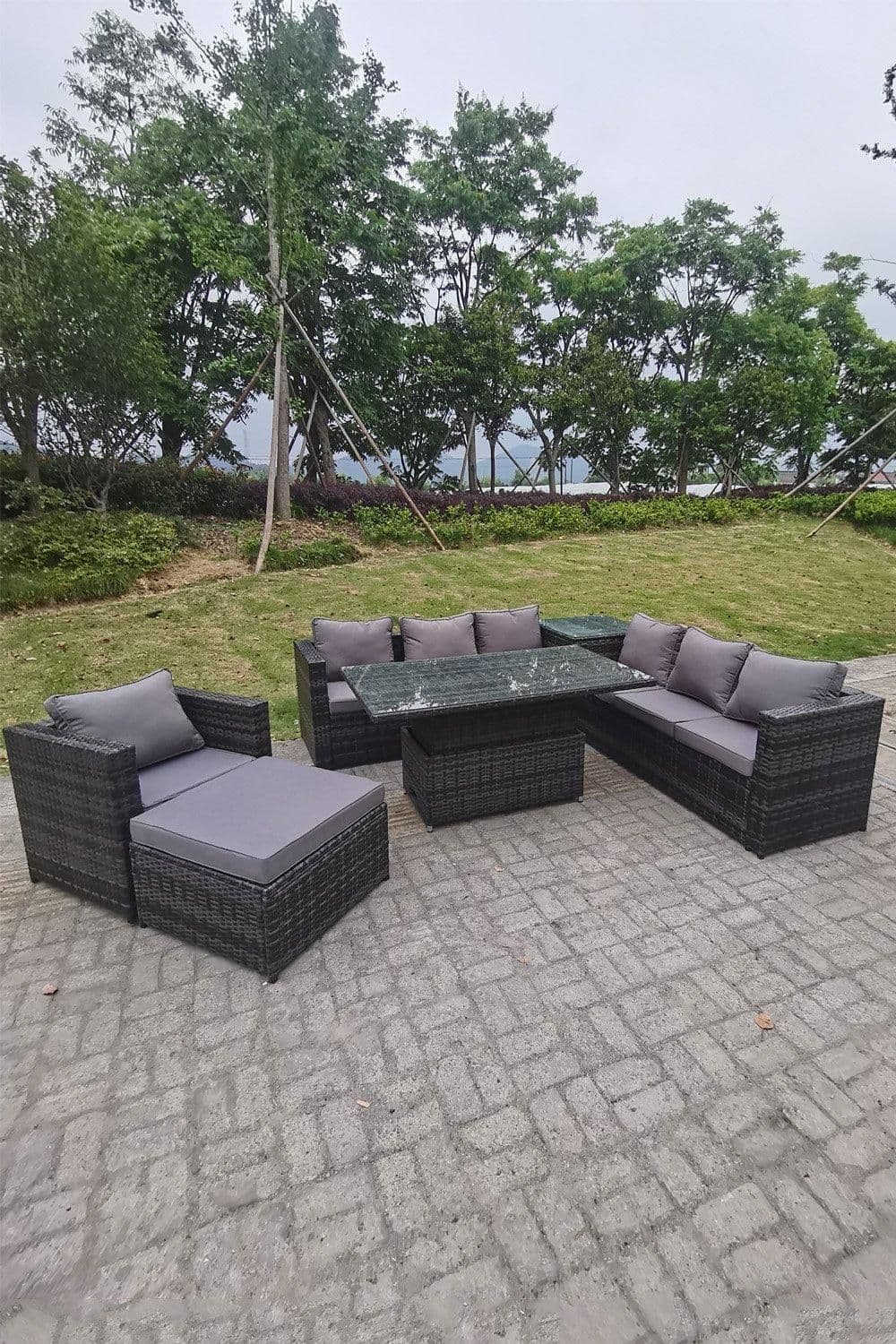 8 Seater PE Rattan Corner Sofa Set Rising Adjustable Dining Table Set High Side Coffee Table