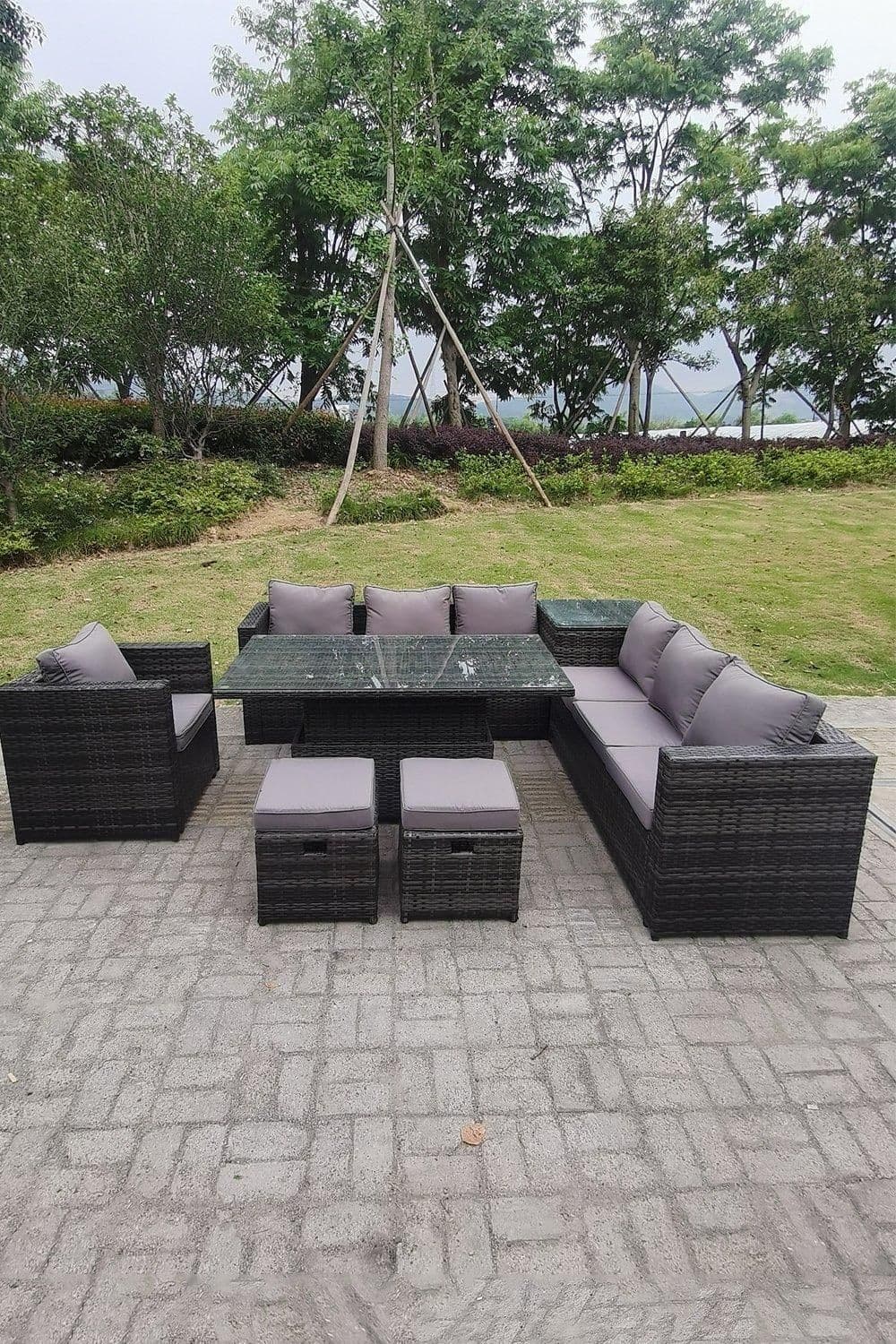 9 Seater PE Rattan Corner Sofa Set Rising Adjustable Dining Table Set High Side Coffee Table