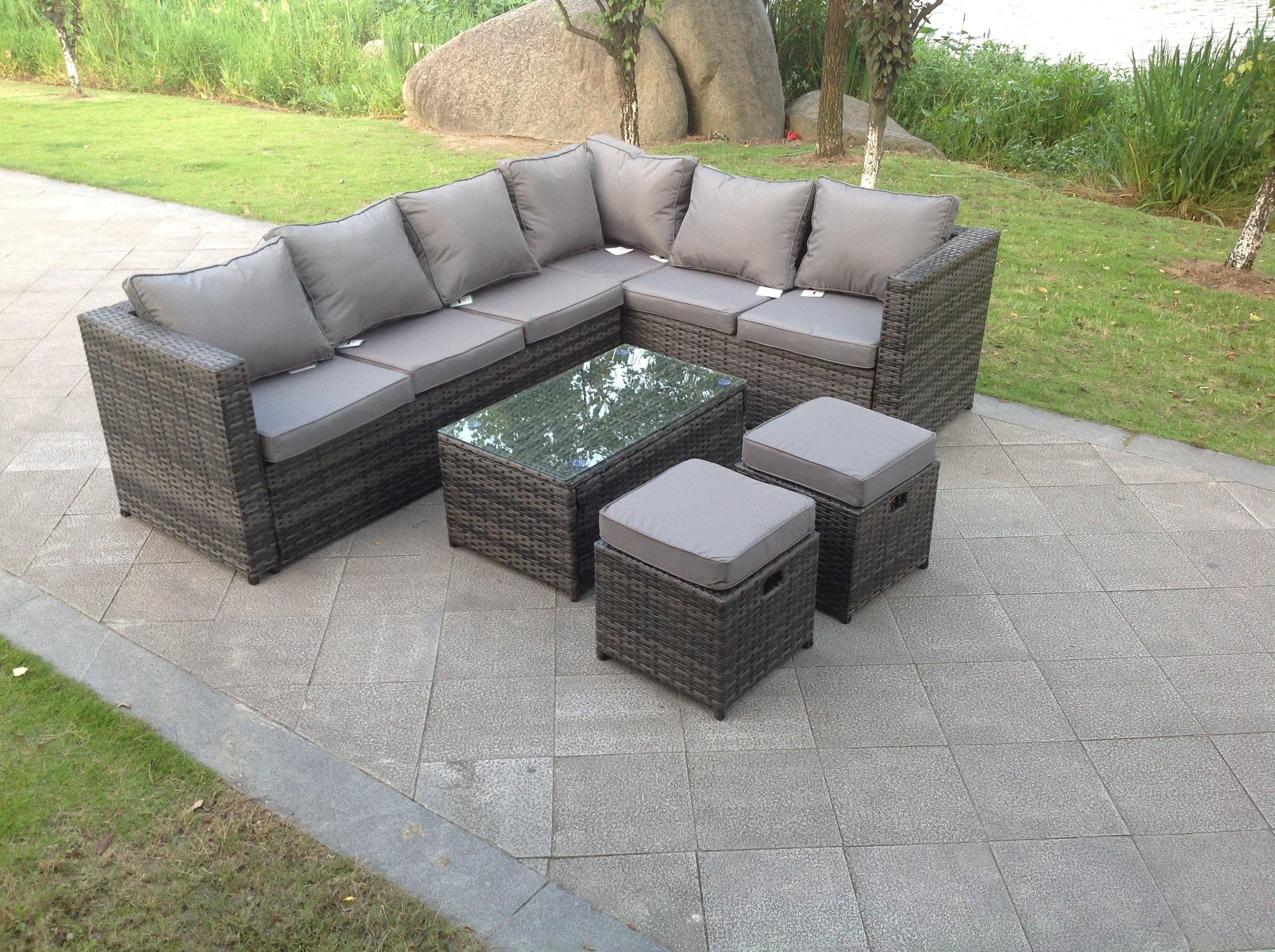 8 Seater Rattan Corner Sofa Lounge Sofa Set Rectangular Coffee Table 2 Stool Chair Right Hand