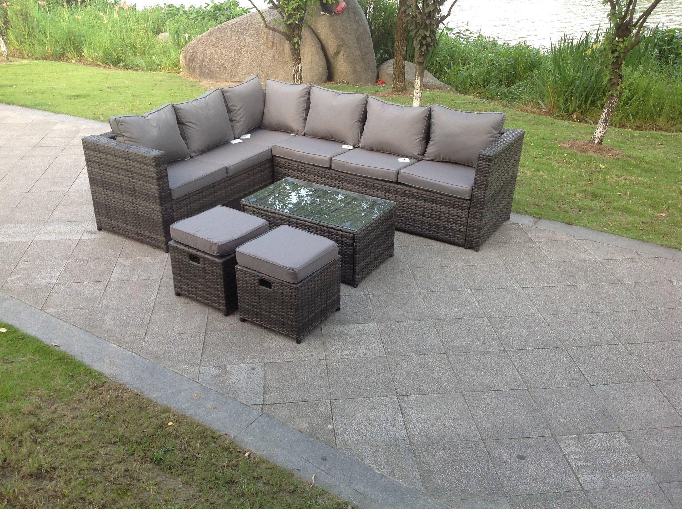 8 Seater Rattan Corner Sofa Lounge Sofa Set Rectangular Coffee Table 2 Stool Chair Left Hand