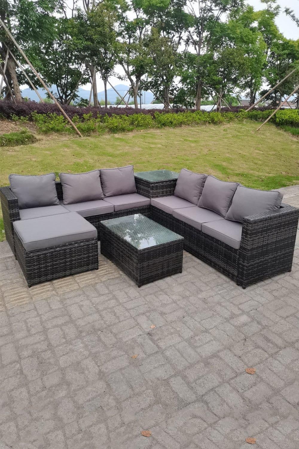 7 Seater Rattan Corner Sofa Lounge Sofa Set Oblong Coffee Table Big Footstool
