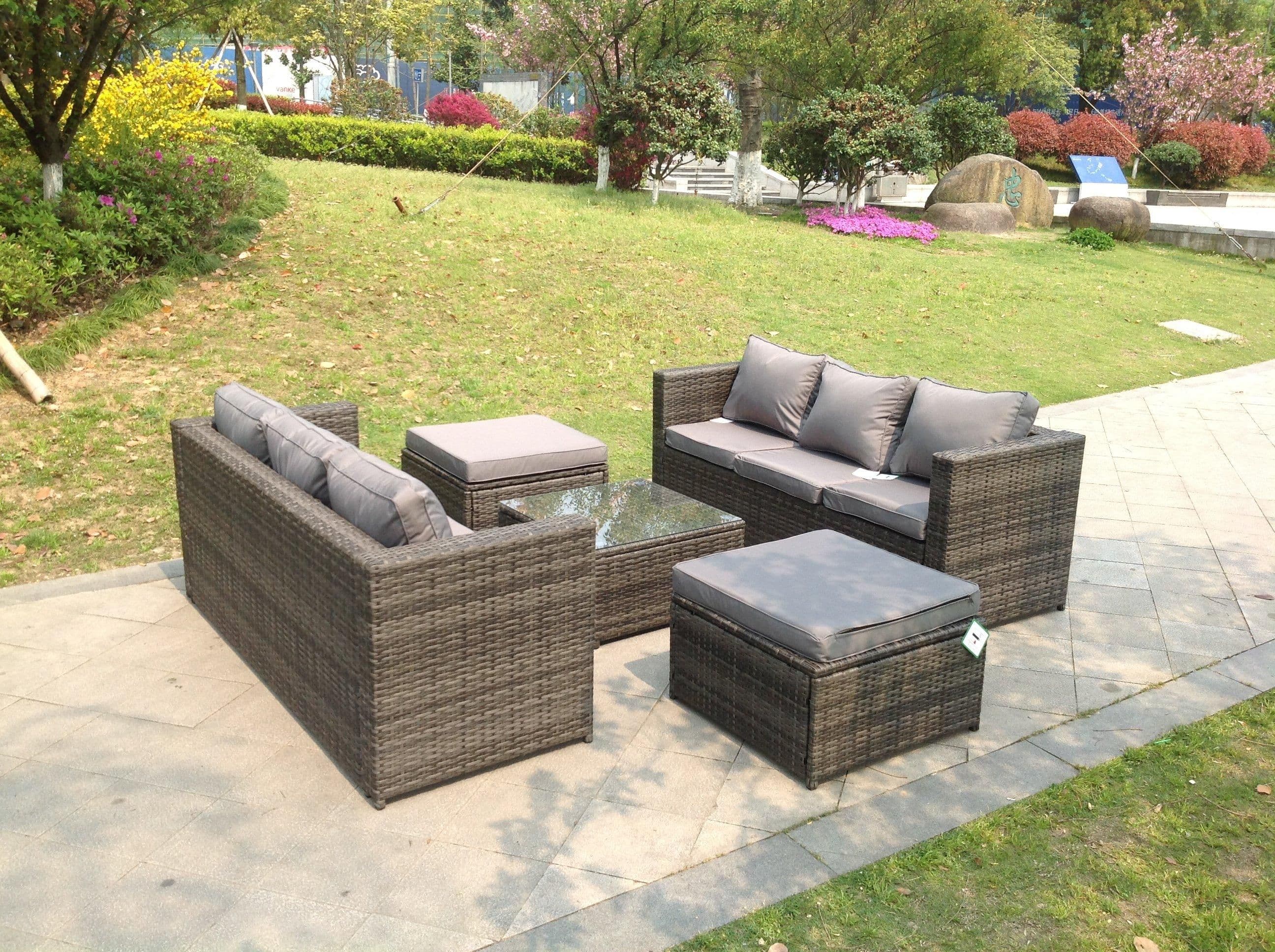 Rattan Garden Furniture Sets 3 Seater Sofa Square Coffee Table 2 PC Big Footstools