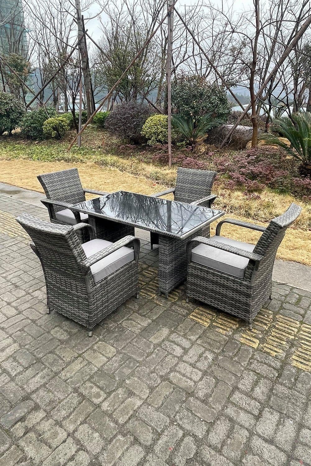 4 Seat Rattan Dining Set Table Chair Sets PE Wicker Patio Outdoor 4 Chairs Tempered Glass Table