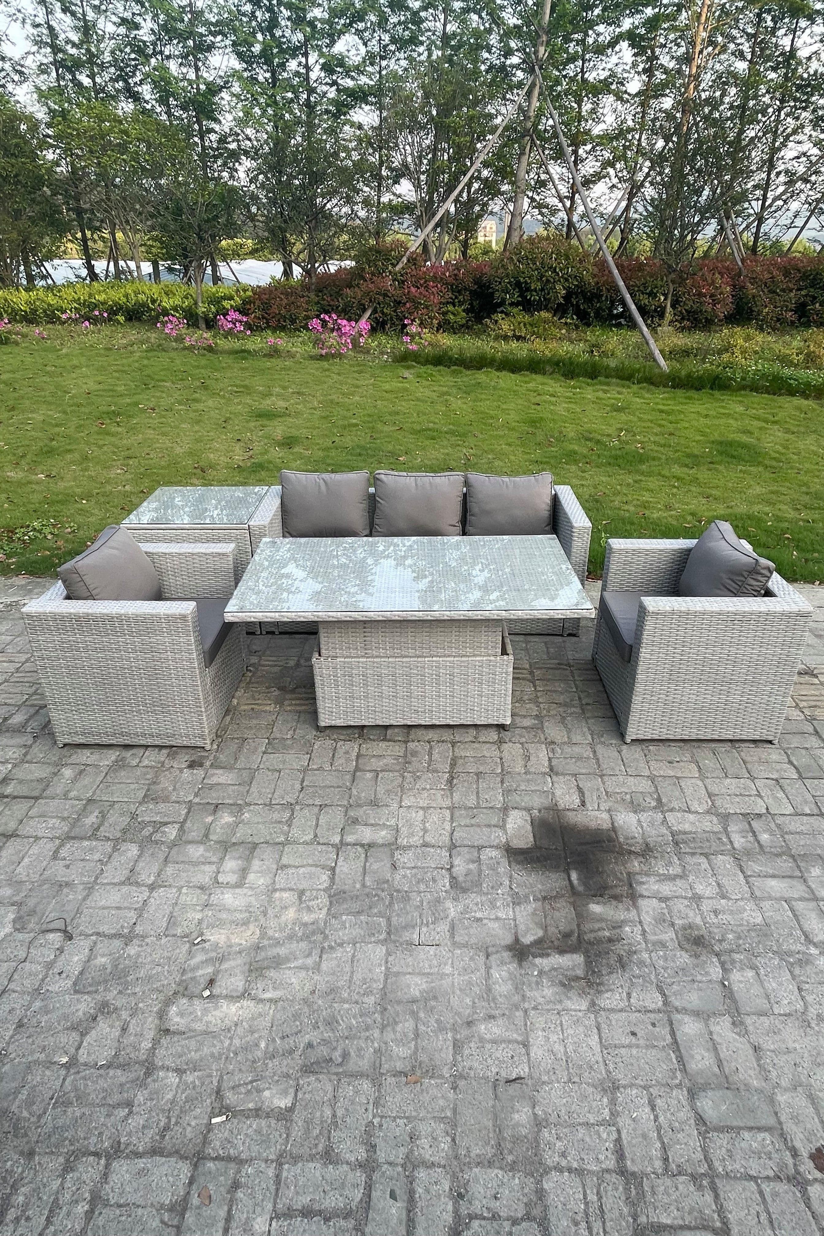 Rattan Garden Funiture Set Height Adjustable Rising Lifting Table Loung Sofa Dining Set 2 Arm Chair