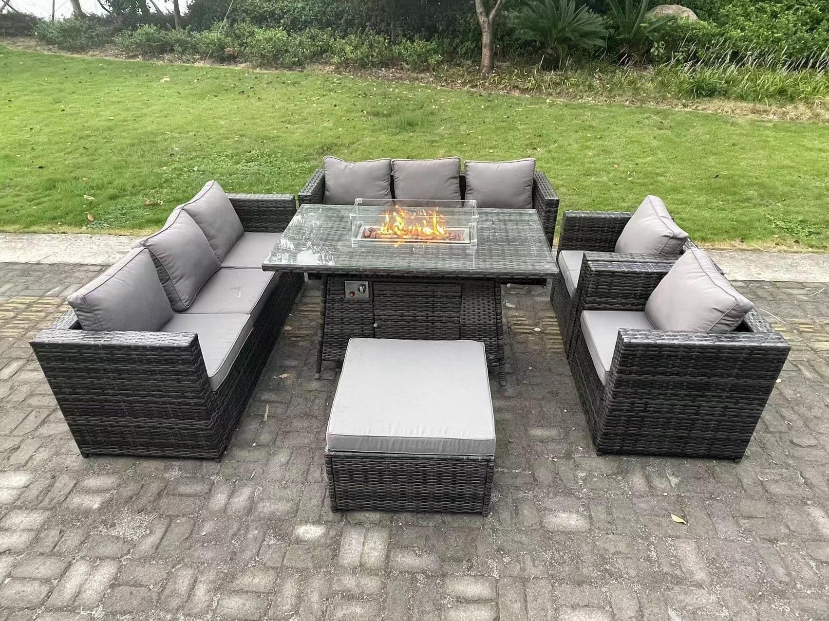 Rattan Gas Fire Pit Dining Table Heater Burner Lounge Sofa Set Chairs Footstool