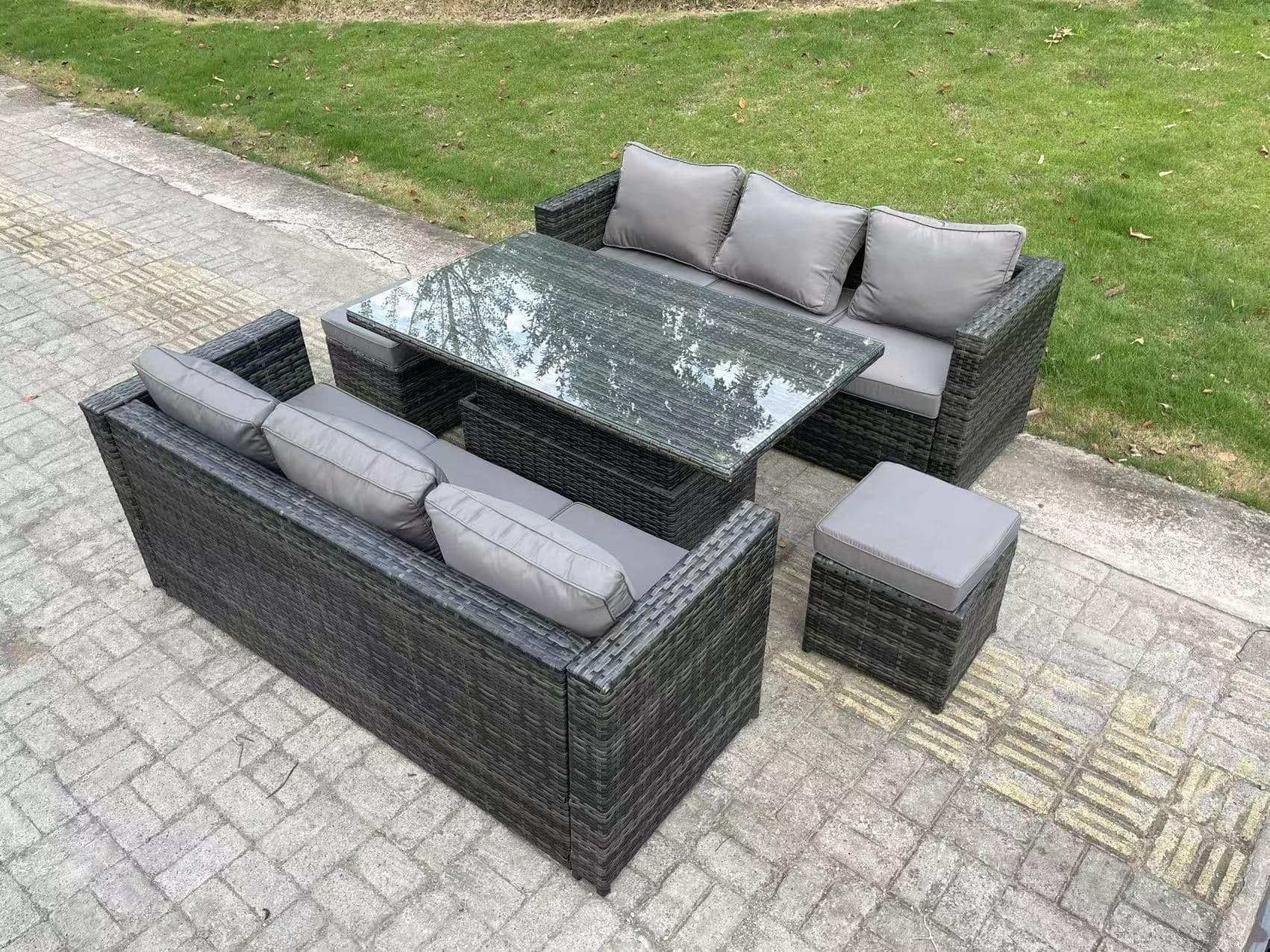 8 Seater Outdoor Rattan Sofa Set Garden Furniture Adjustable Rising Lifting Dining Table Footstools