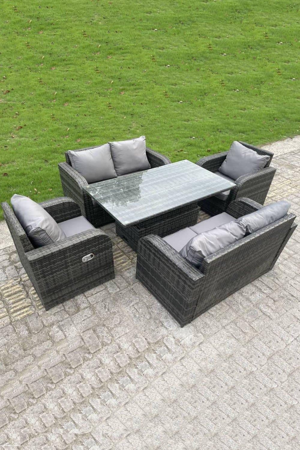 Outdoor Rattan Sofa Set Dining Table Height Adjustable Rising Lifting Table Reclining Chairs Love Sofa 6 Seater