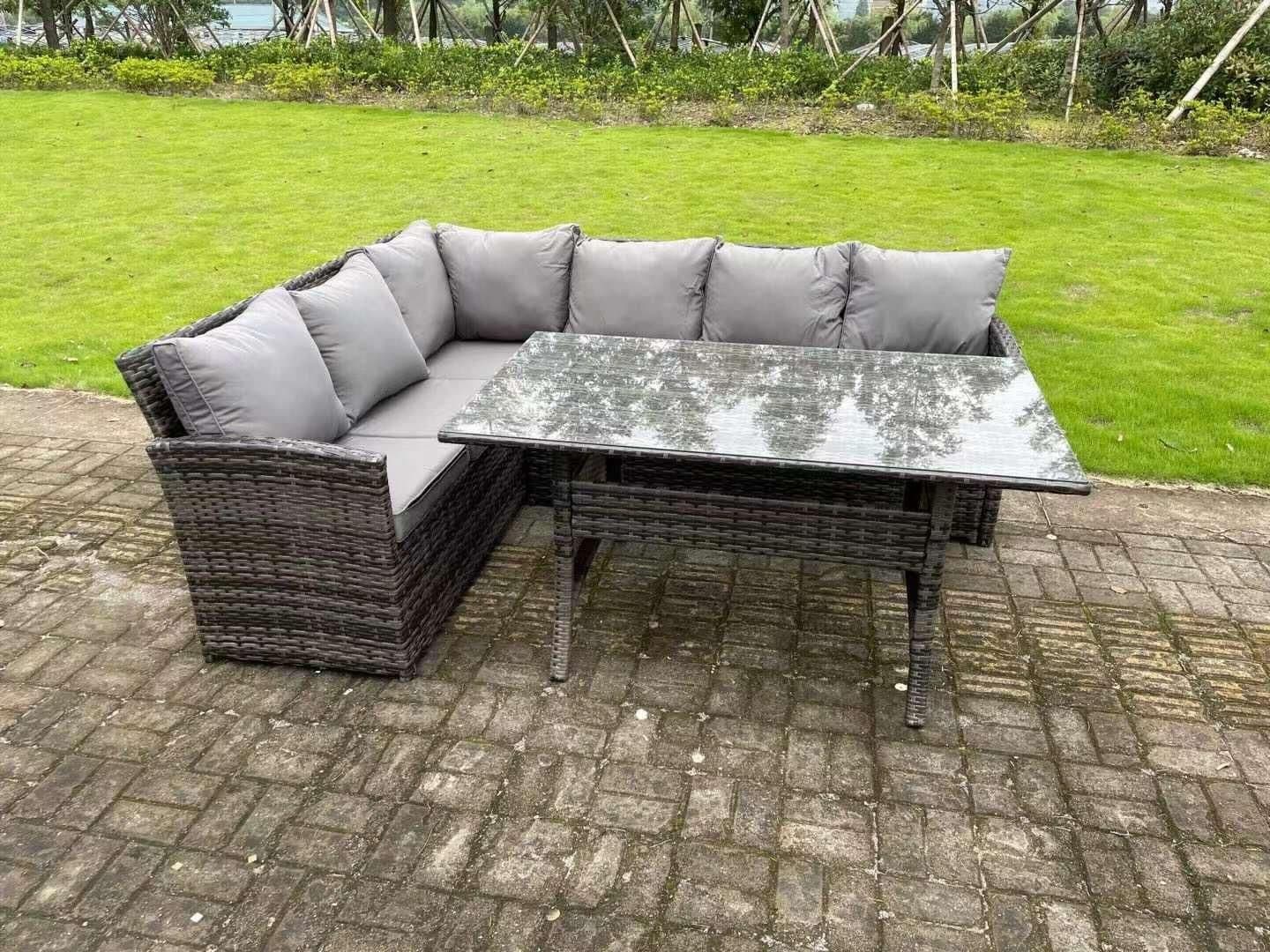 High Back Dark Mixed Rattan Corner Sofa Set Outdoor Furniture Rectangular Dining Table 6 Seater