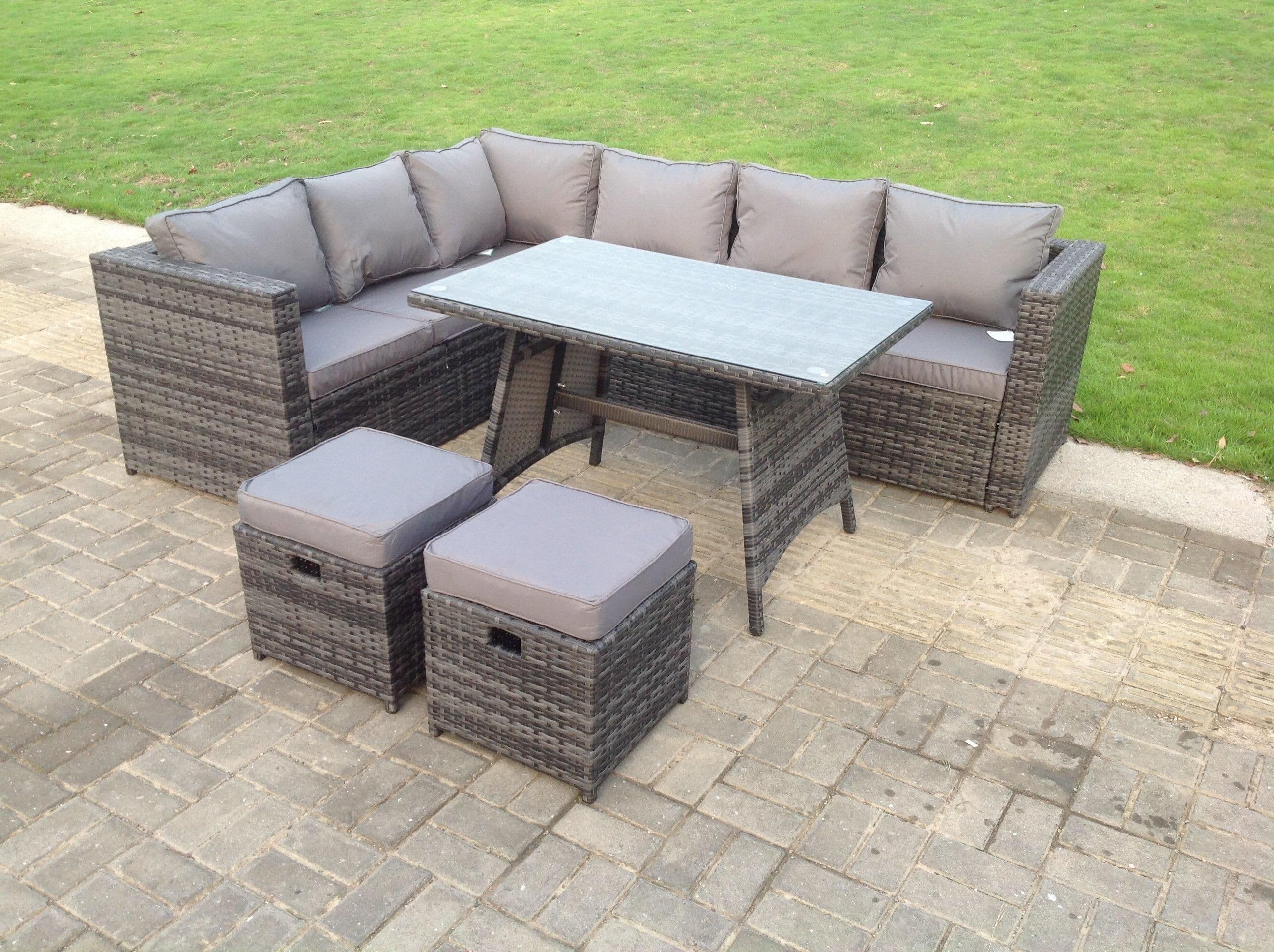 Dark Mixed Rattan Garden Outdoor Corner Sofa Set Rectangular Dining Table Small Footstools 8 Seater