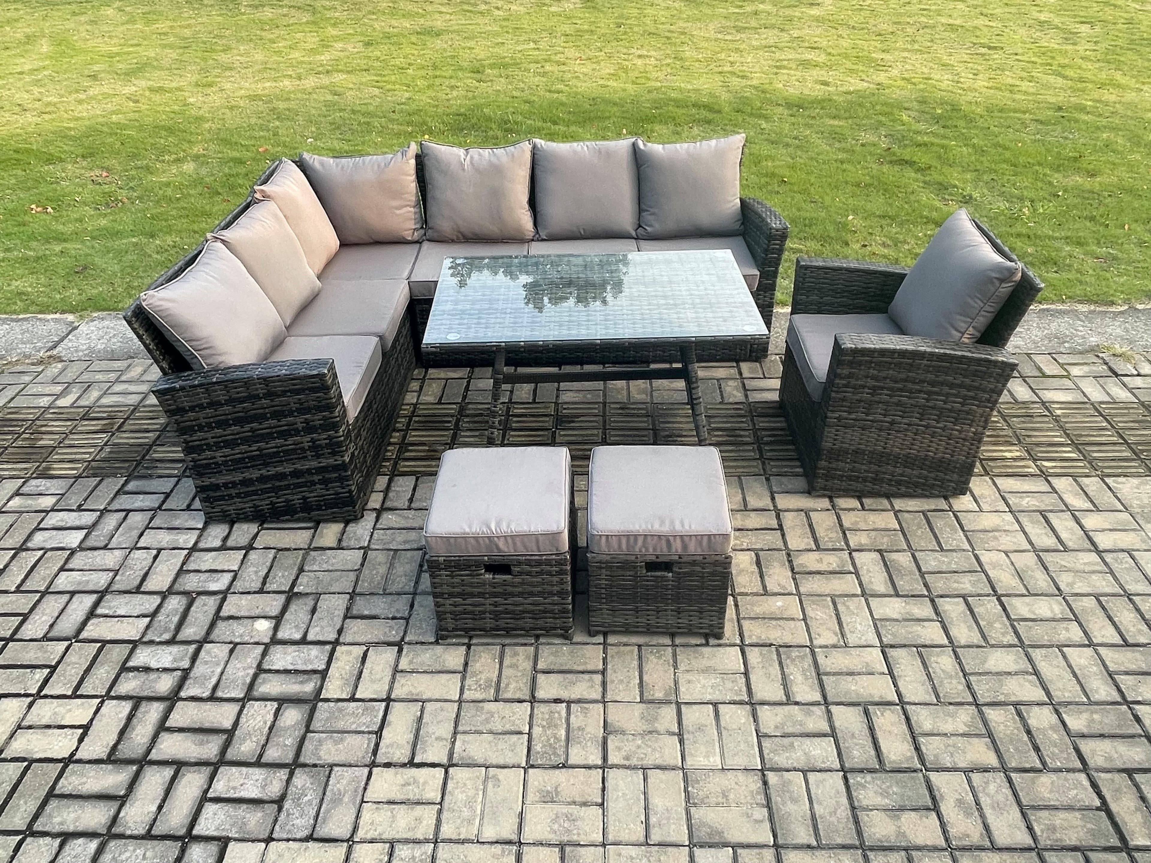 9 Seater Outdoor Furniture Garden Dining Set Rattan Corner Sofa Set 2 Small Footstools Dark Grey Mixed