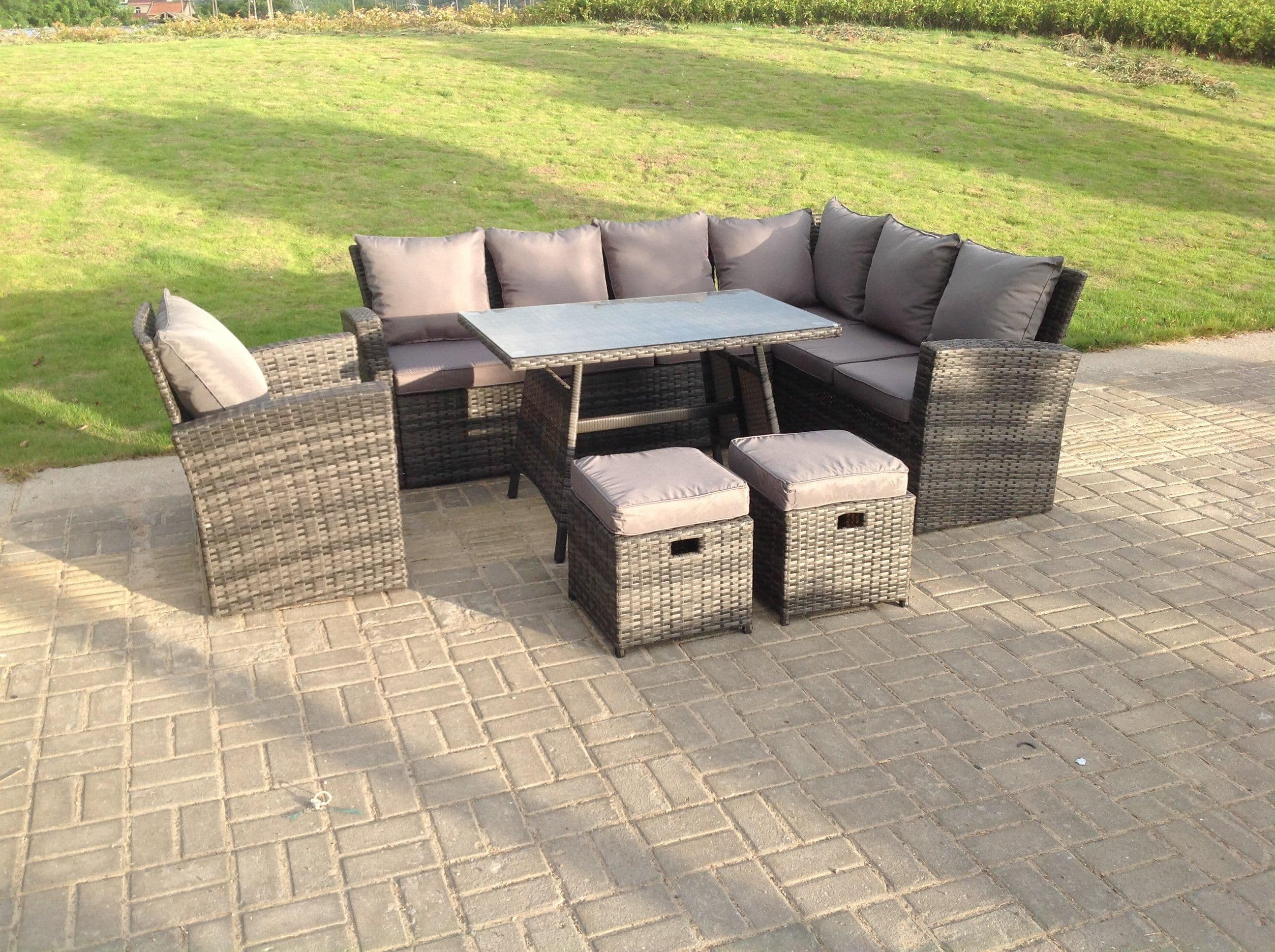 9 Seater High Back Dark Mixed Rattan Corner Sofa Set Outdoor Furniture Rectangular Dining Table