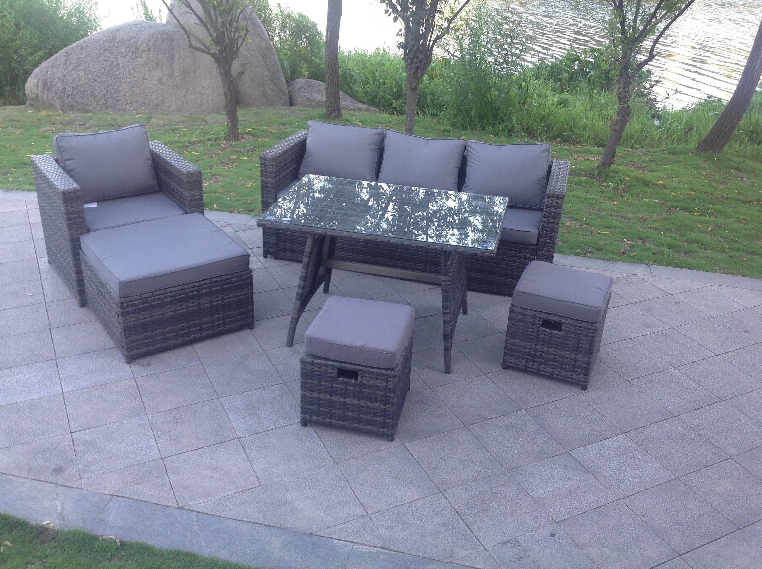 Dark Mixed Rattan Garden Outdoor Sofa Set Chair Rectangular Dining Table Big Footstool