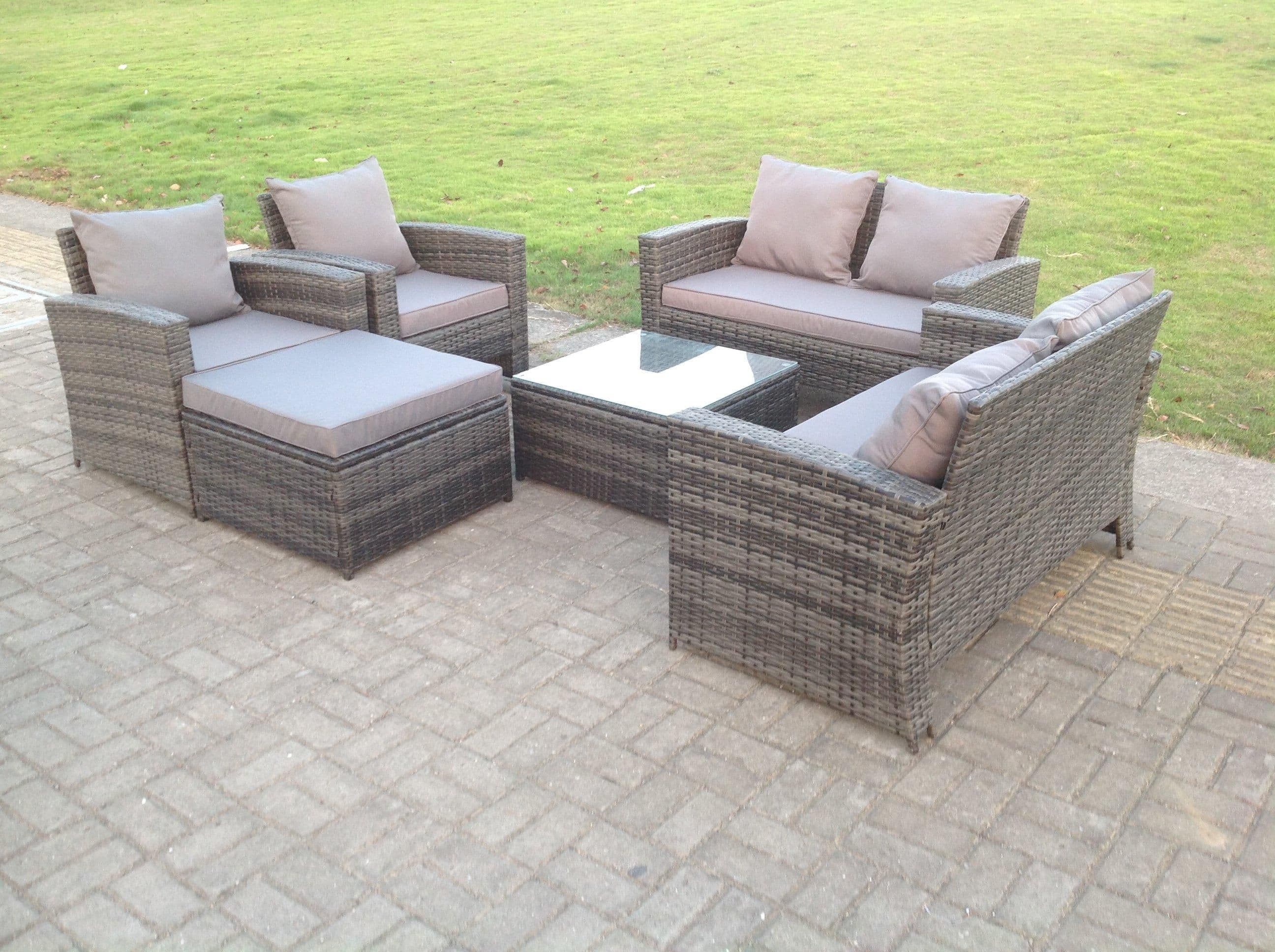 High Back Dark Mixed Rattan Sofa Set Outdoor Furniture Square Coffee Table Big Footstool Chairs