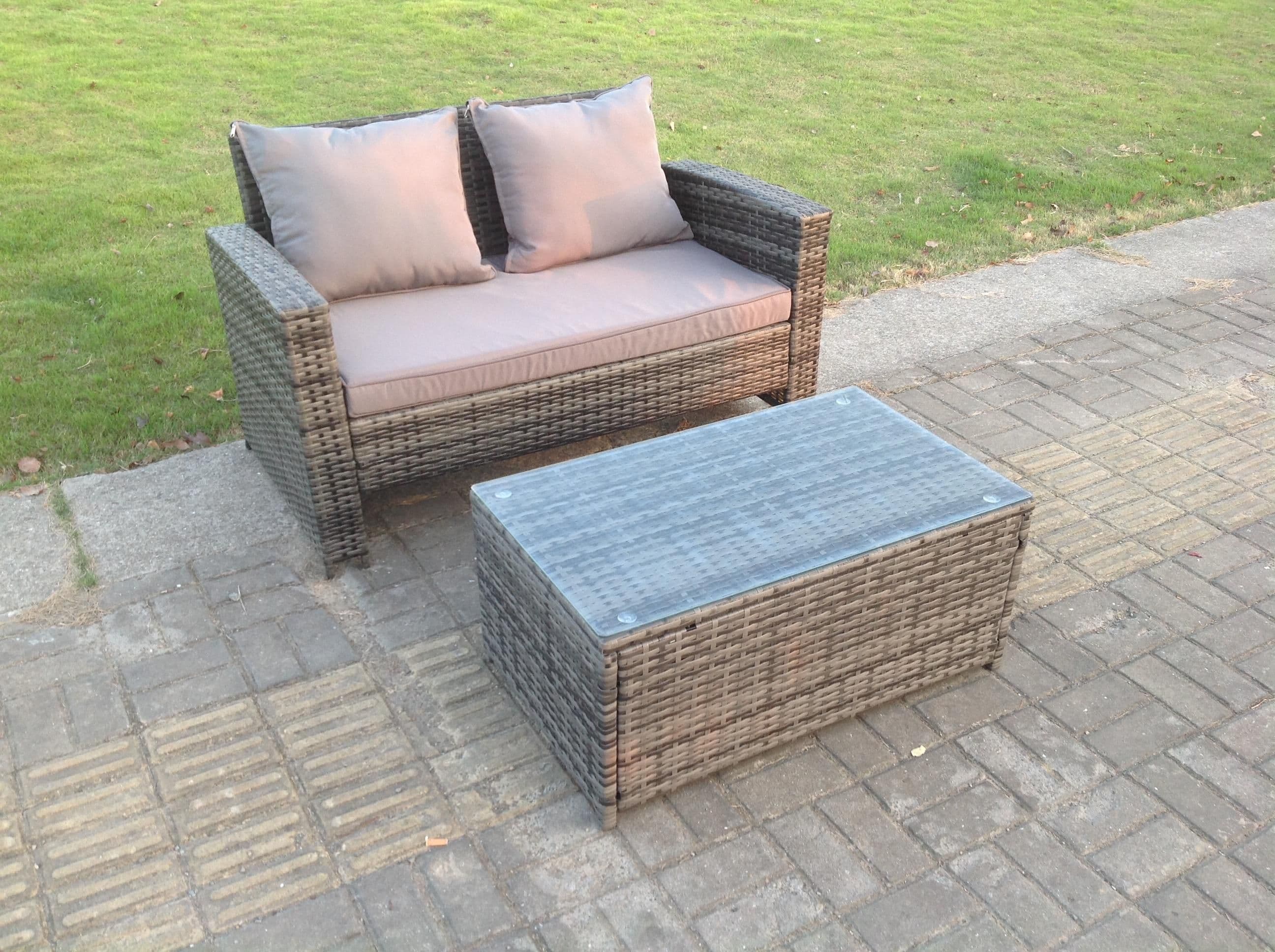 Dark Mixed High Back Rattan Garden Furniture 2 Seater Love Seat Sofa Oblong Coffee Table