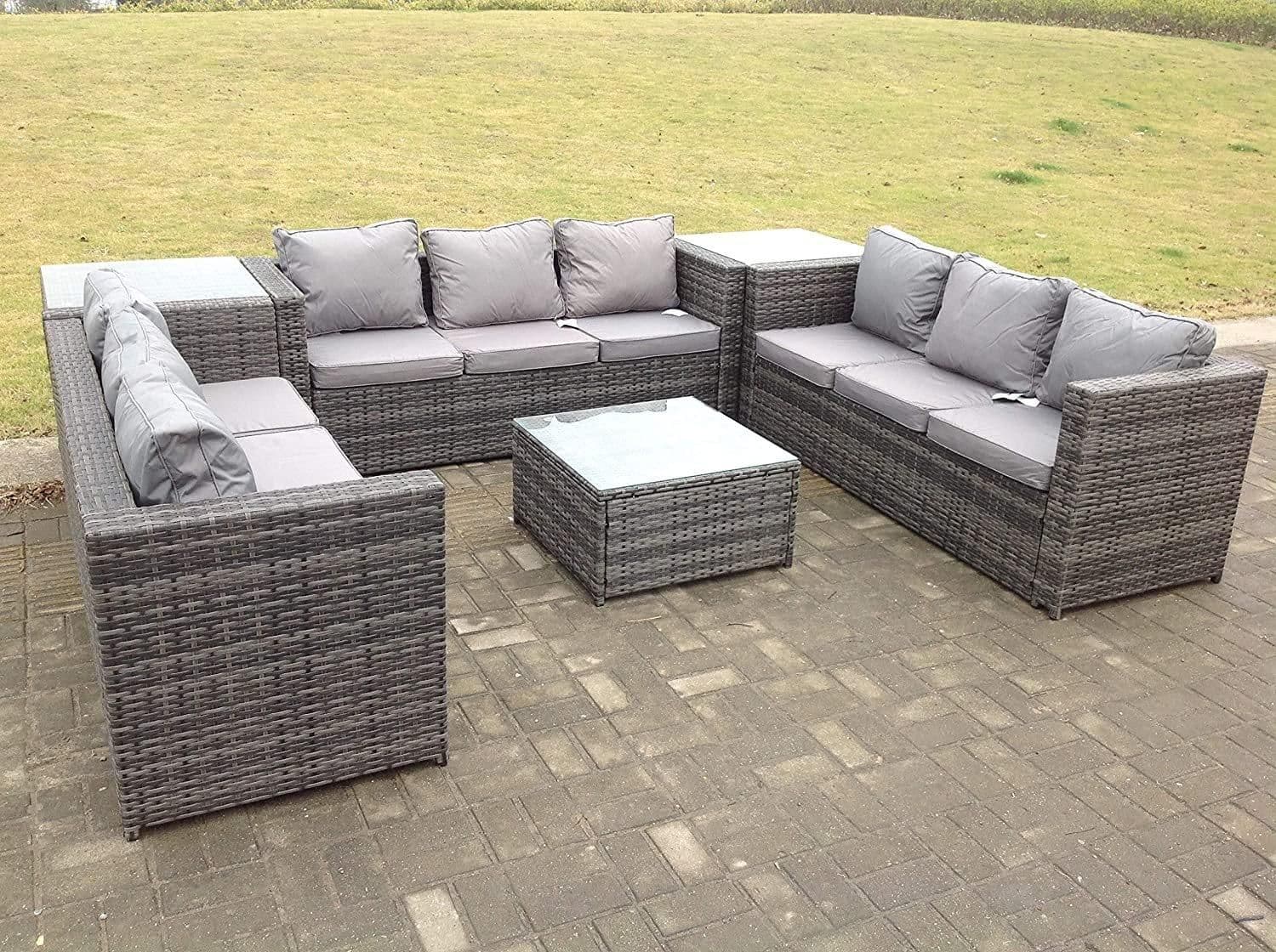 Patio 9 Seater U Shape Rattan Sofa Set Patio Outdoor Garden Furniture 3 Coffee Table Dark Grey Mixed