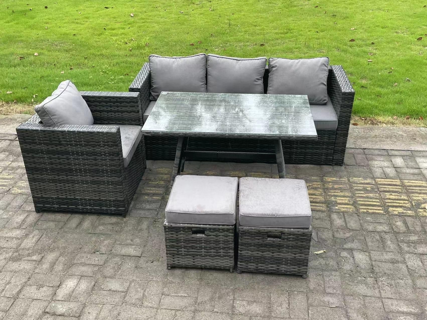 PE Rattan Outdoor Furniture Garden Dining Set Oblong Dining Table Armchair 2 Small Footstools Dark Grey