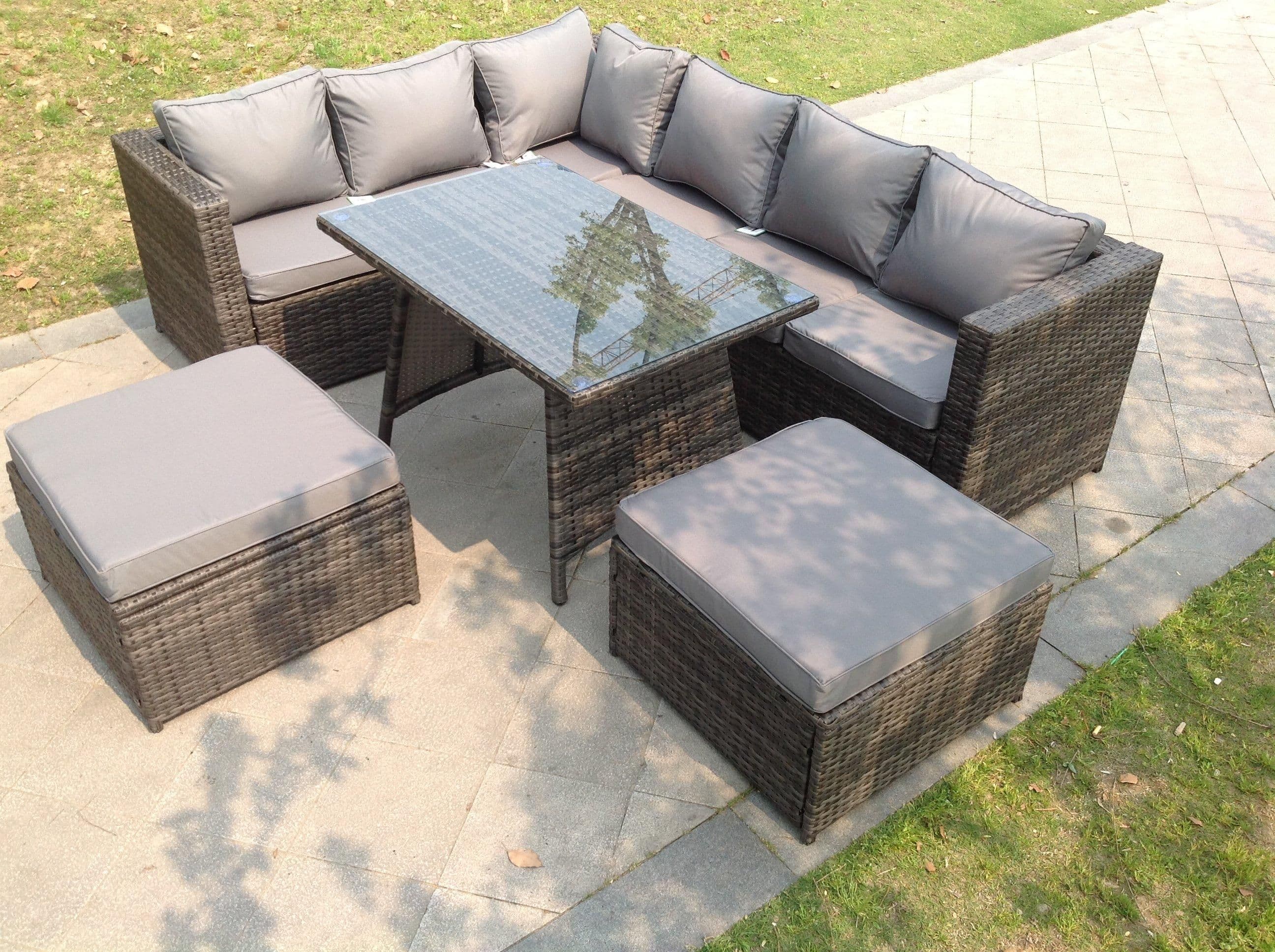 8 Seater Rattan Corner Sofa Set Dining Table 2 Big Footstool Garden Furniture Outdoor