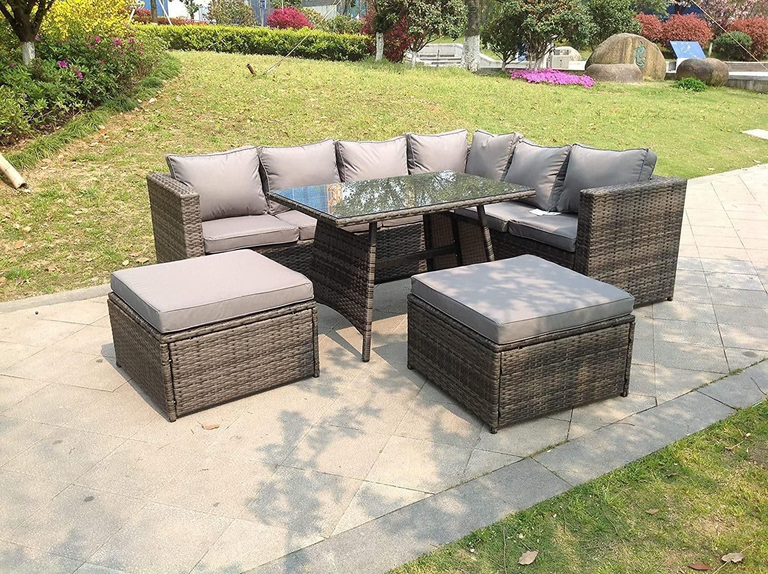 8 Seater Rattan Corner Sofa Set Dining Table 2 Big Footstool Garden Furniture Outdoor