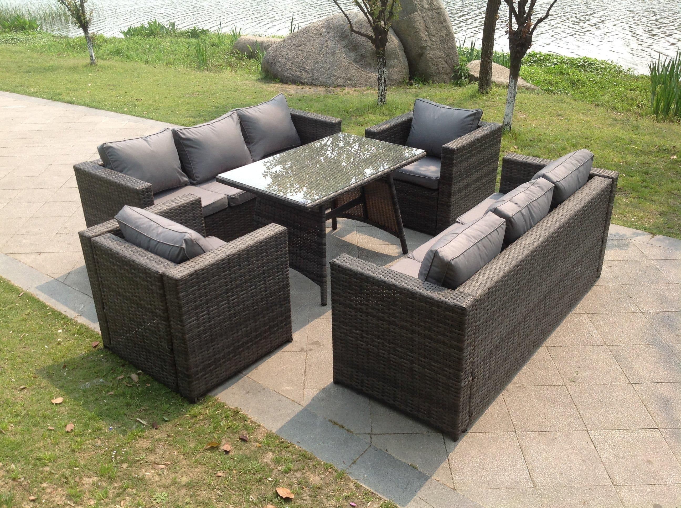 8 Seater Rattan Sofa Set Dining Table Armchairs Garden Furniture Outdoor Clear Tempered Glass