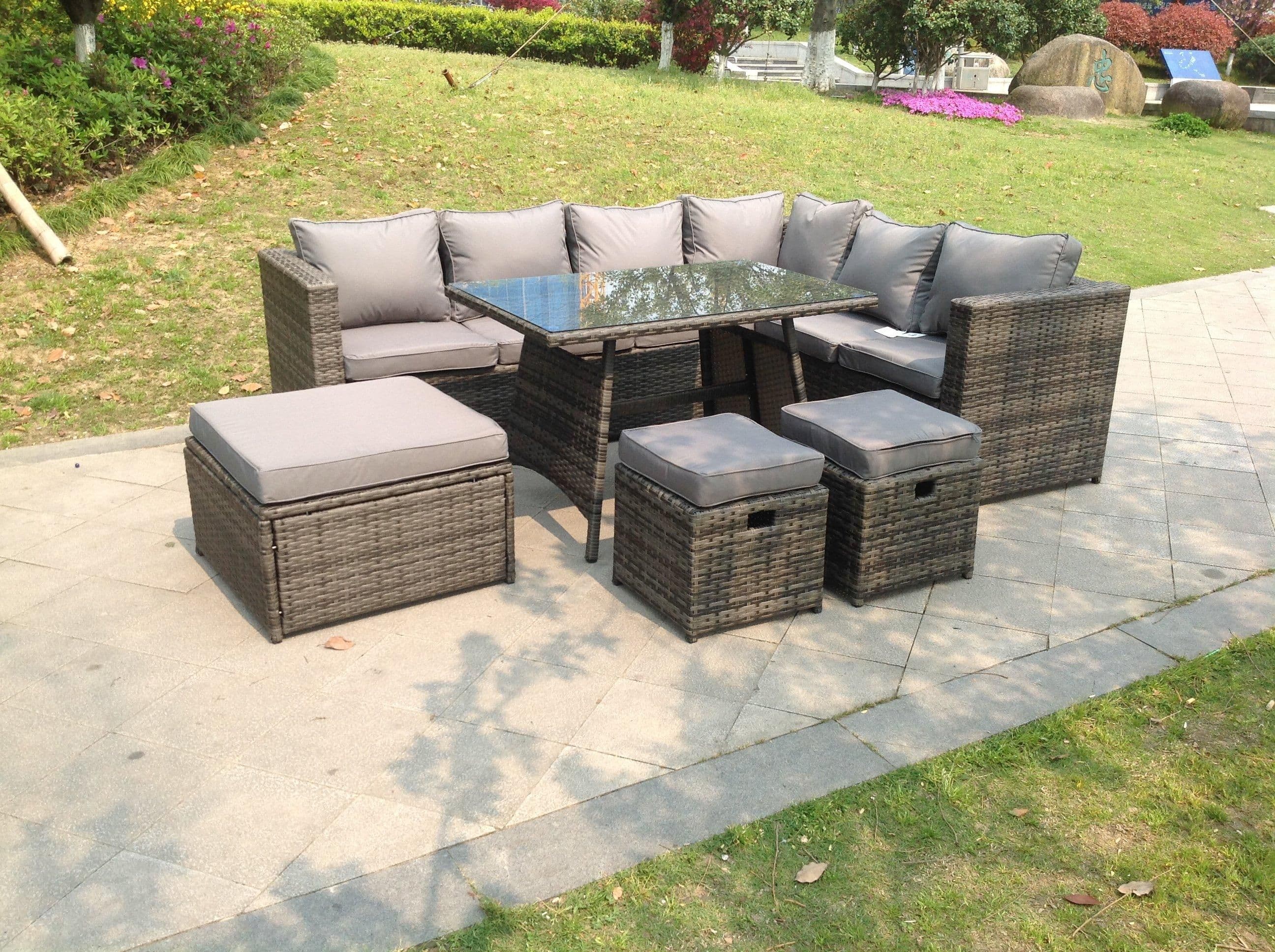 9 Seater Rattan Corner Sofa Set Dining Table 2 Small Footstool Garden Furniture Outdoor