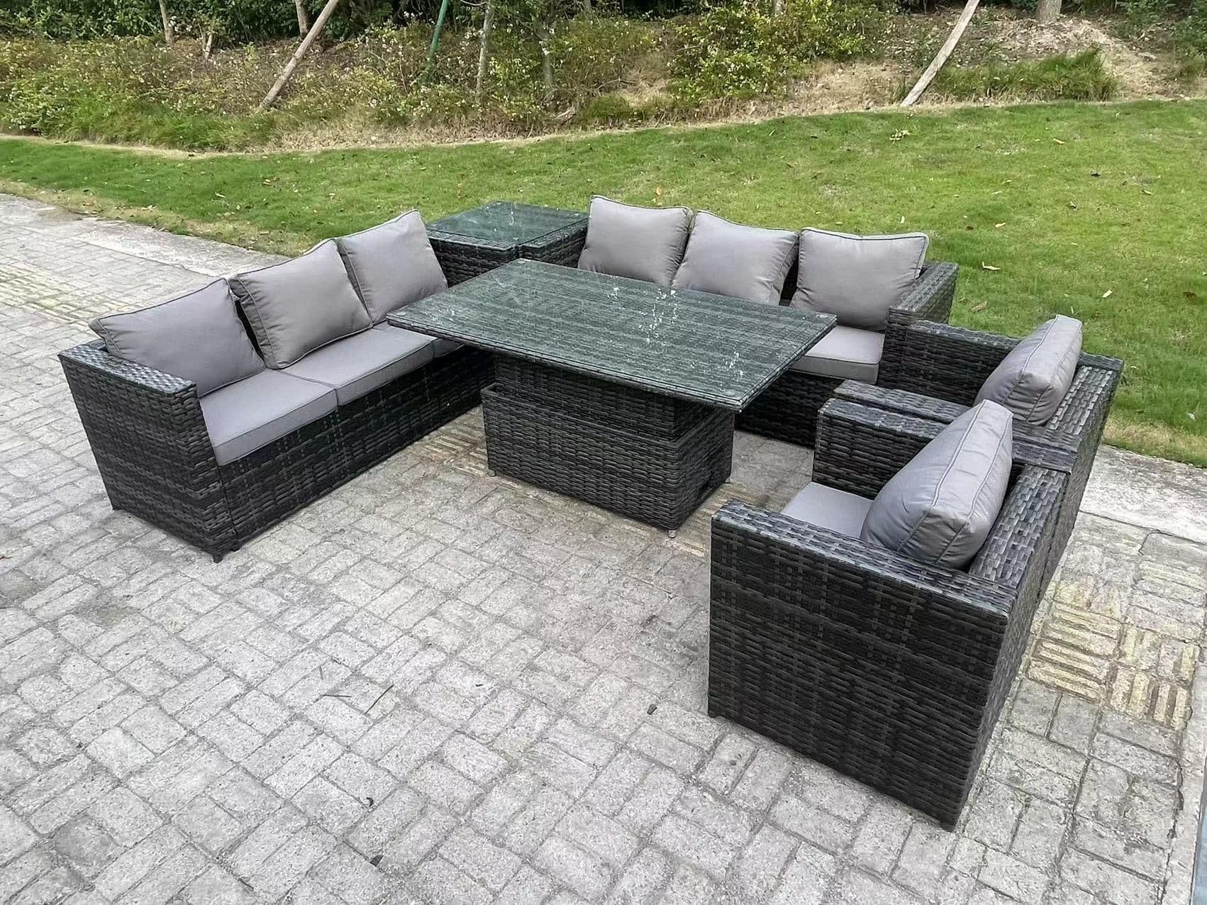 8 Seater Outdoor Rattan Adjustable Rising Lifting Table Chairs