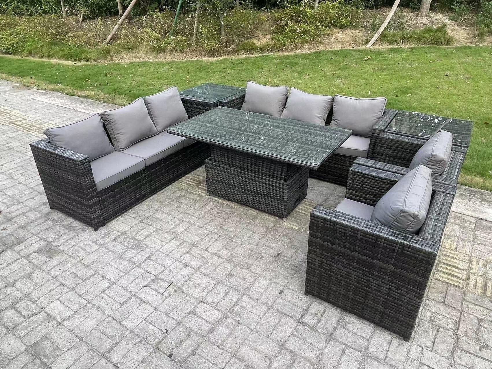 Wicker PE Garden Furniture Rattan Sofa Set Patio Adjustable Rising Lifting Dining Table Set 2 Armchairs