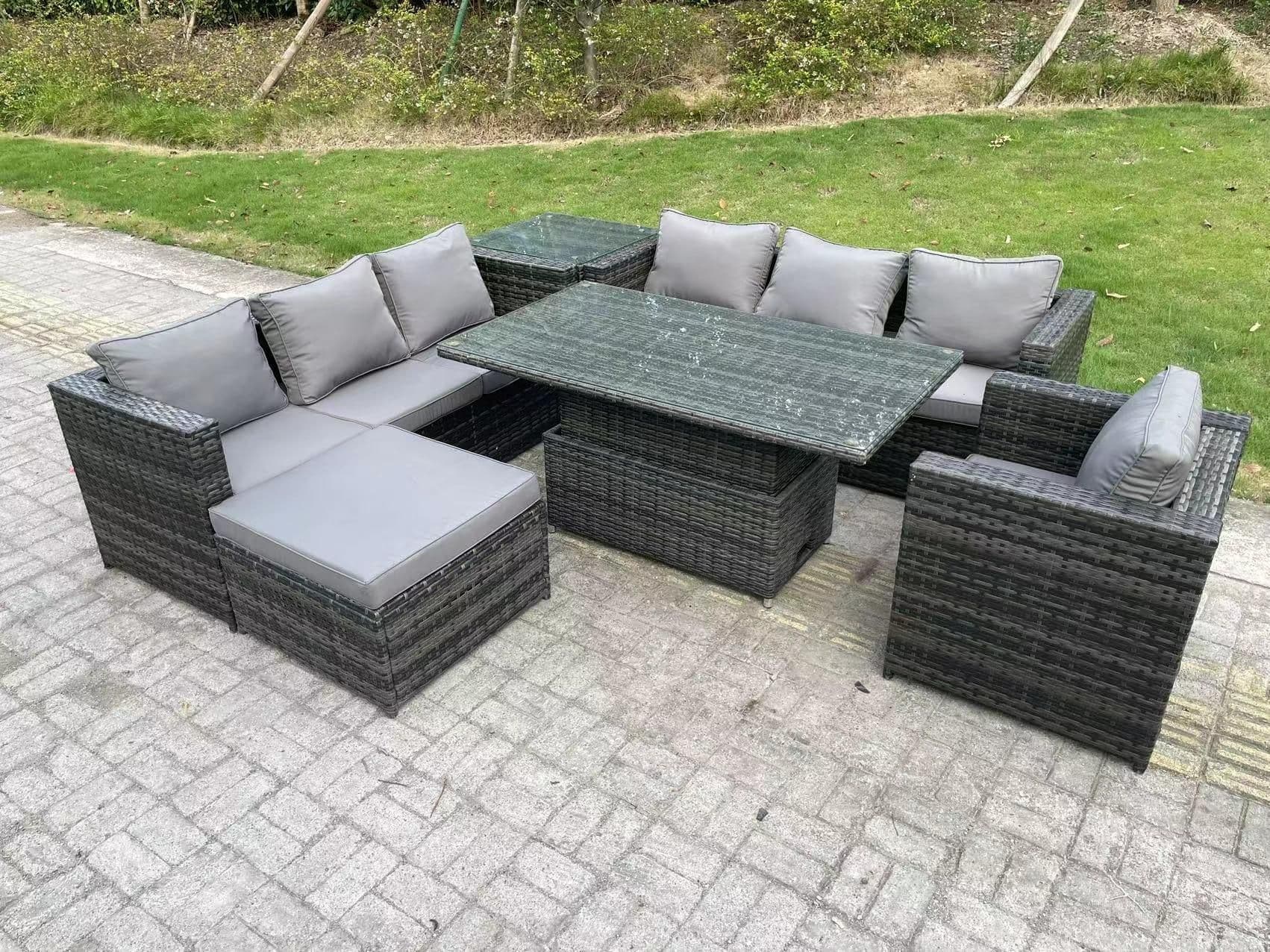 8 Seater Outdoor Rattan Sofa Set Adjustable Lifting Side Tables Chairs Footstool