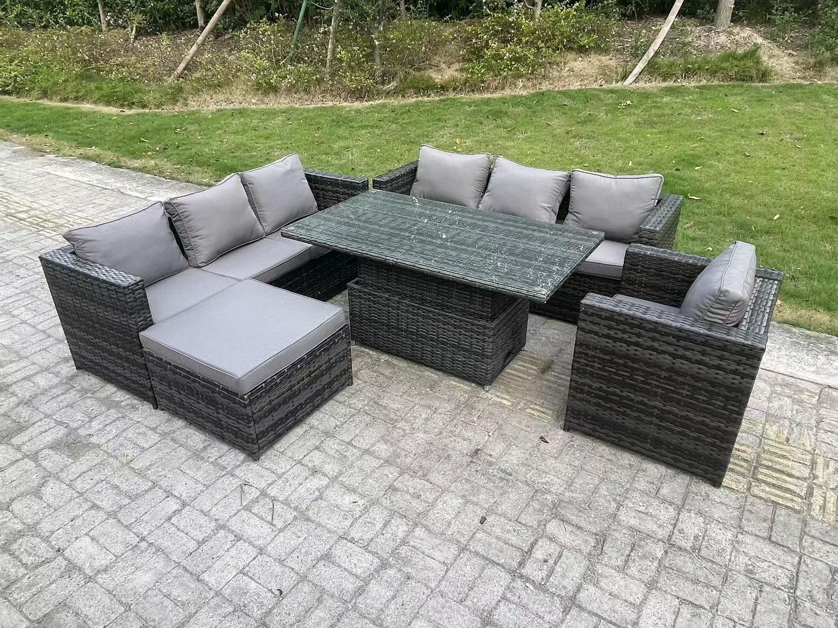 8 Seater Rattan Sofa Set Adjustable Rising Dining Table Side Table Chairs Footstool