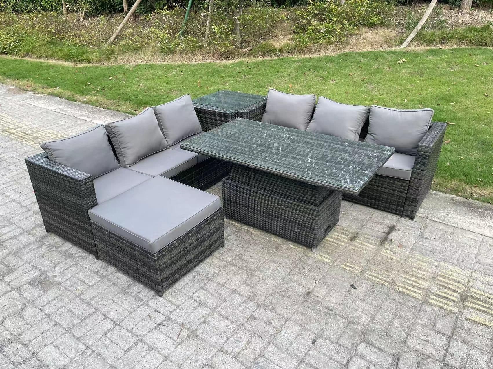 7 Seater Outdoor Rattan Sofa Set Adjustable Lifting Dining Table Side Coffee Table Footstool