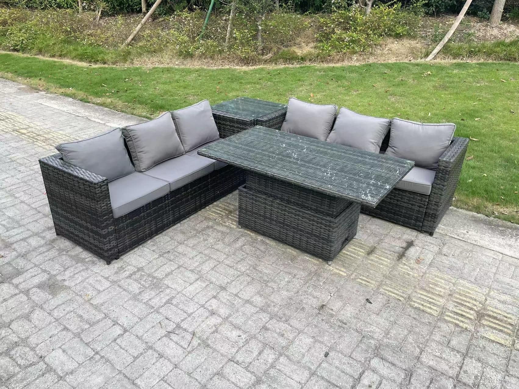 6 Seater Rattan Sofa Set Adjustable Lifting Dining Table Side Tea Coffee Table