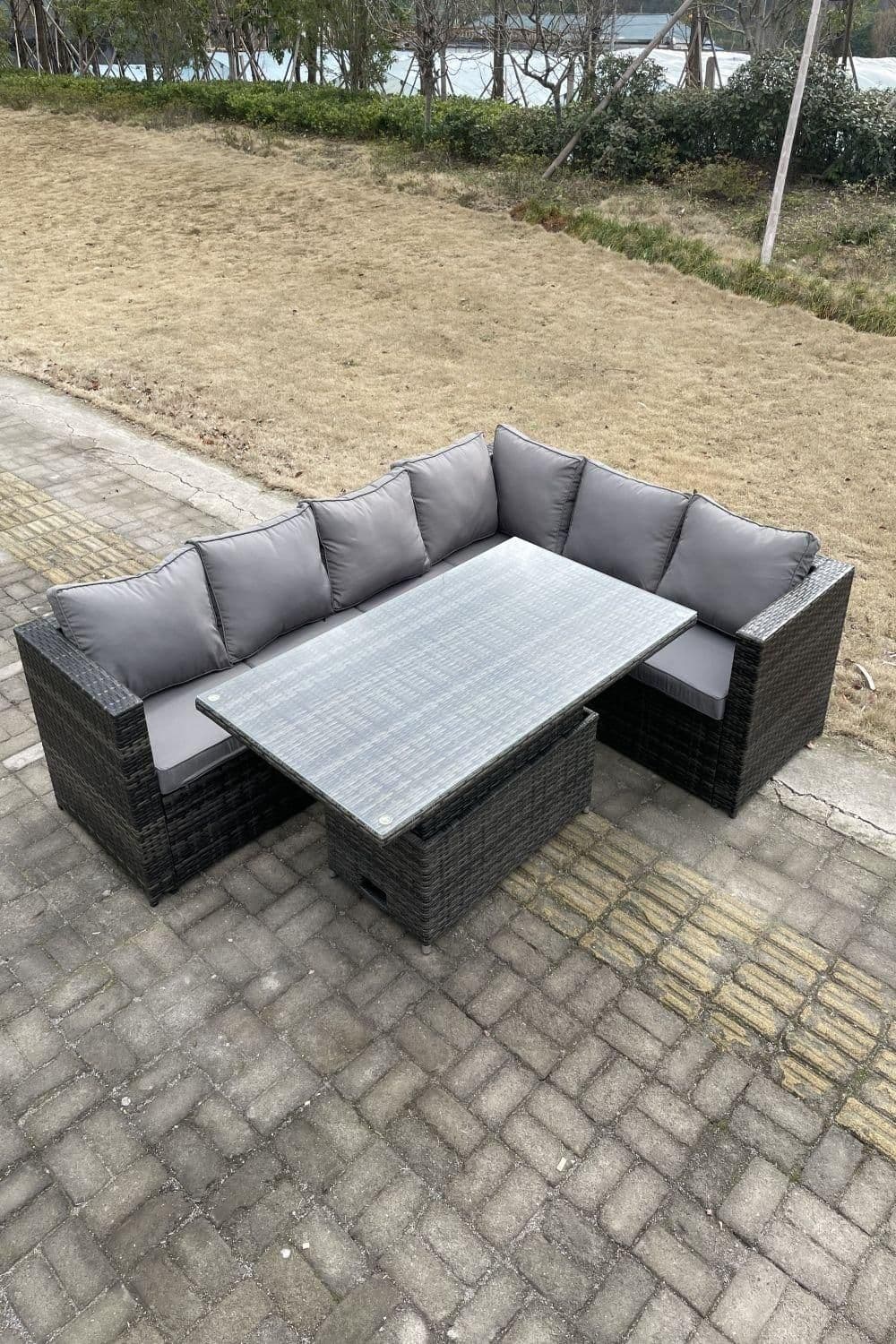 6 Seater Rattan Corner Sofa Set Height Adjustable Dining Table Seat Back Cushion
