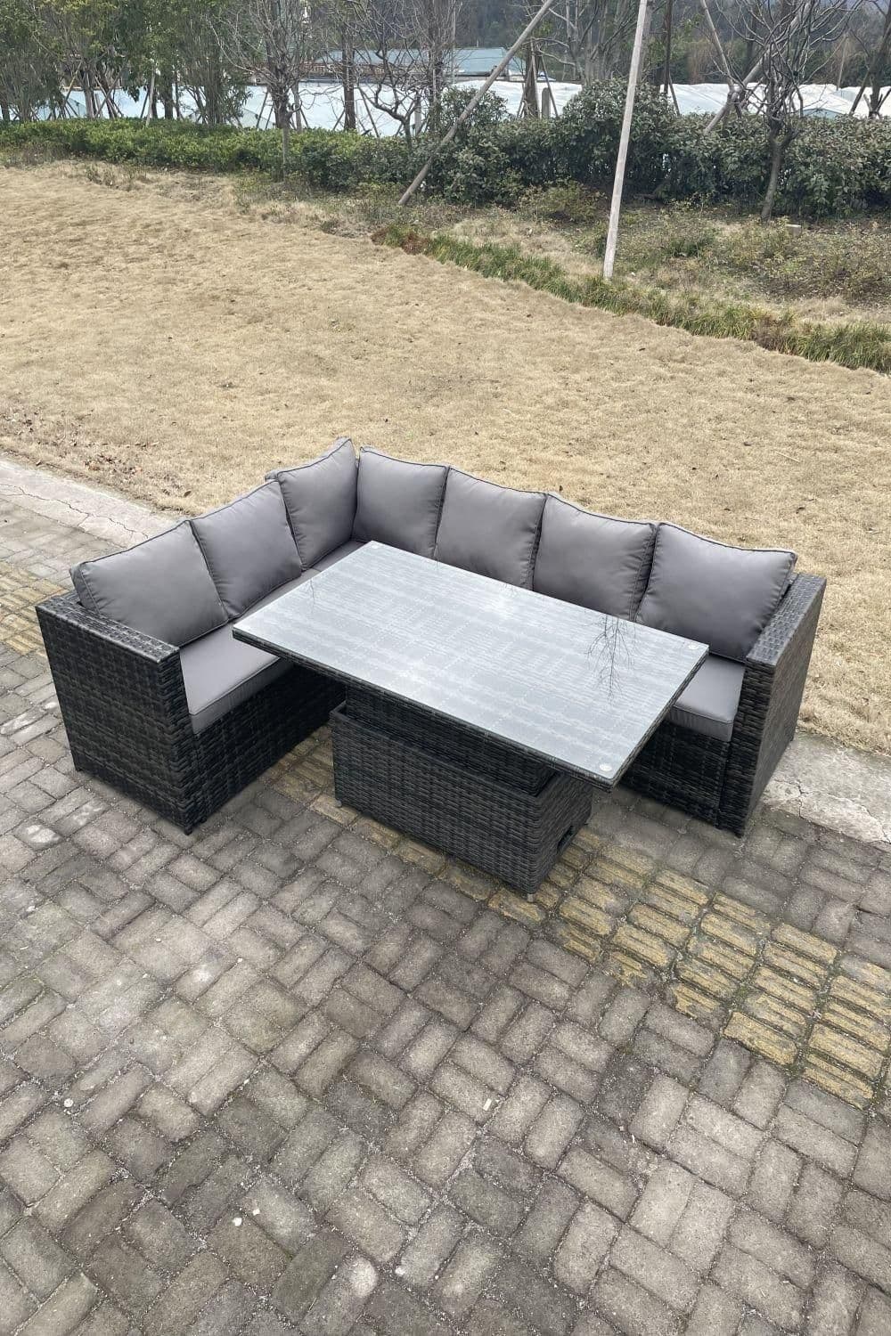 6 Seater PE Rattan Corner Sofa Set Rising Adjustable Dining Table Seat Back Cushion