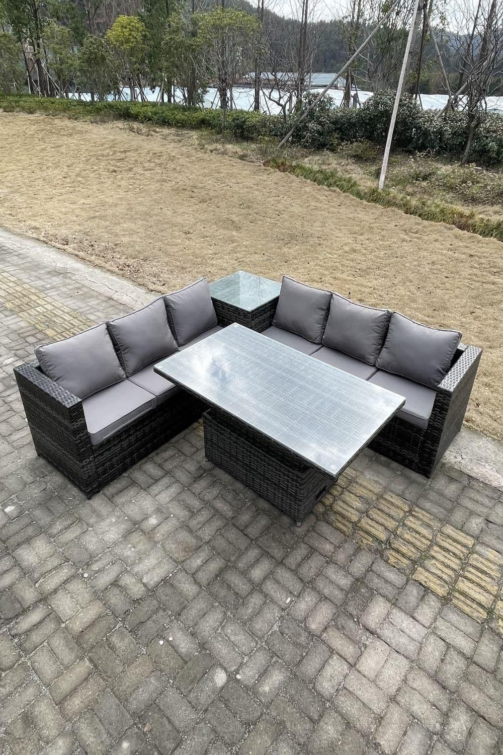 6 Seater PE Rattan Corner Sofa Set Rising Adjustable Dining Table High Side Table