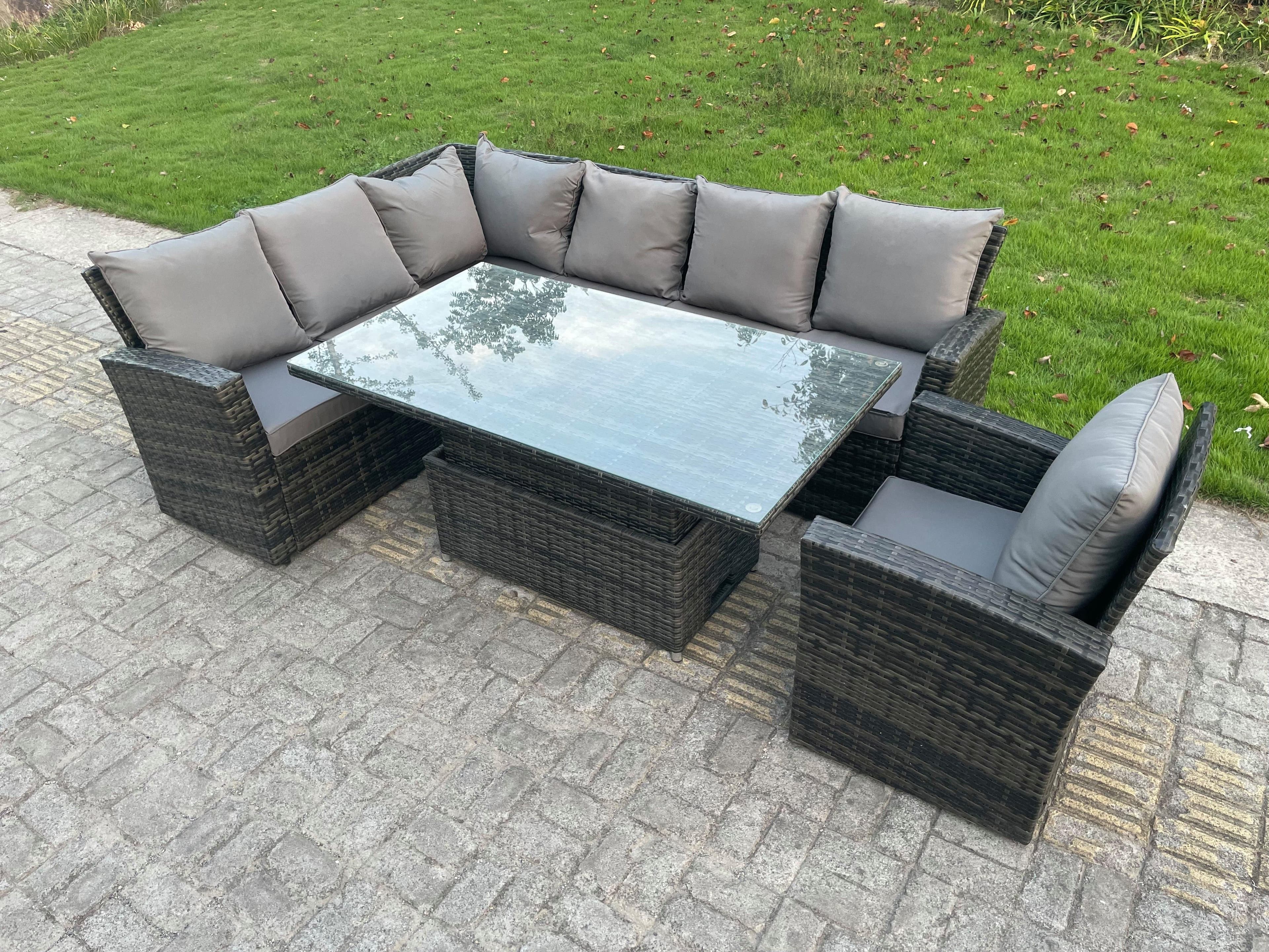 High Back PE Rattan Corner Sofa Set Garden Furniture Adjustable Rising Lifting Table
