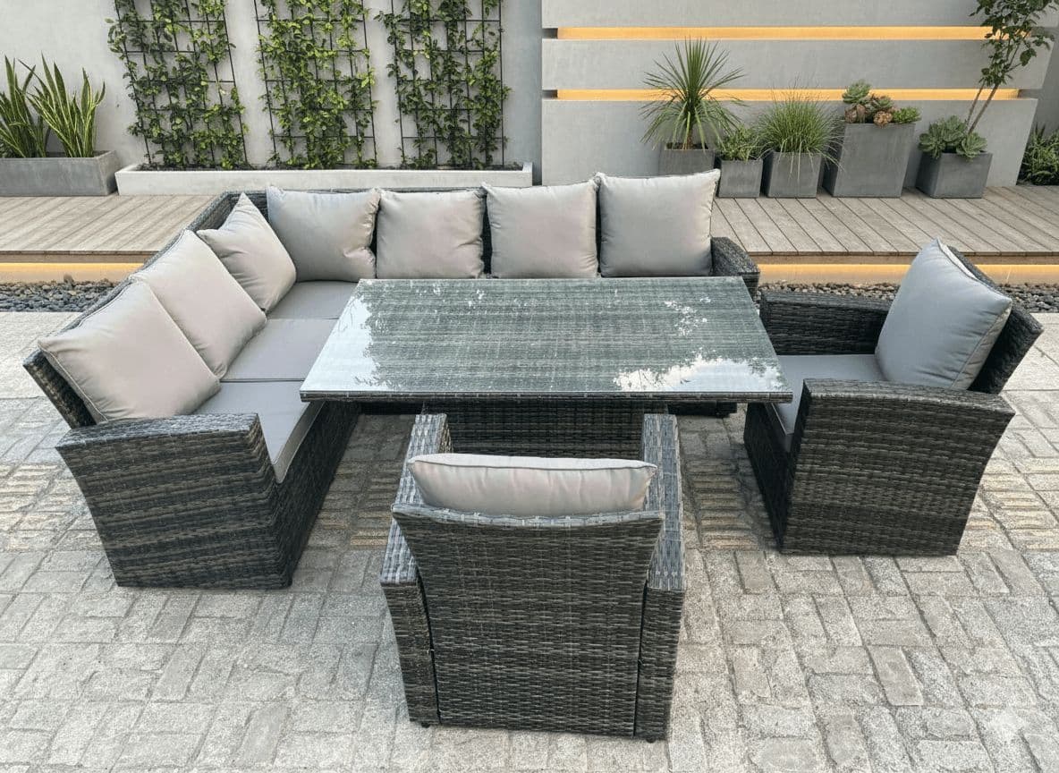 High Back PE Rattan Corner Sofa Set Garden Furniture Adjustable Lifting Table Set 2 Armchair