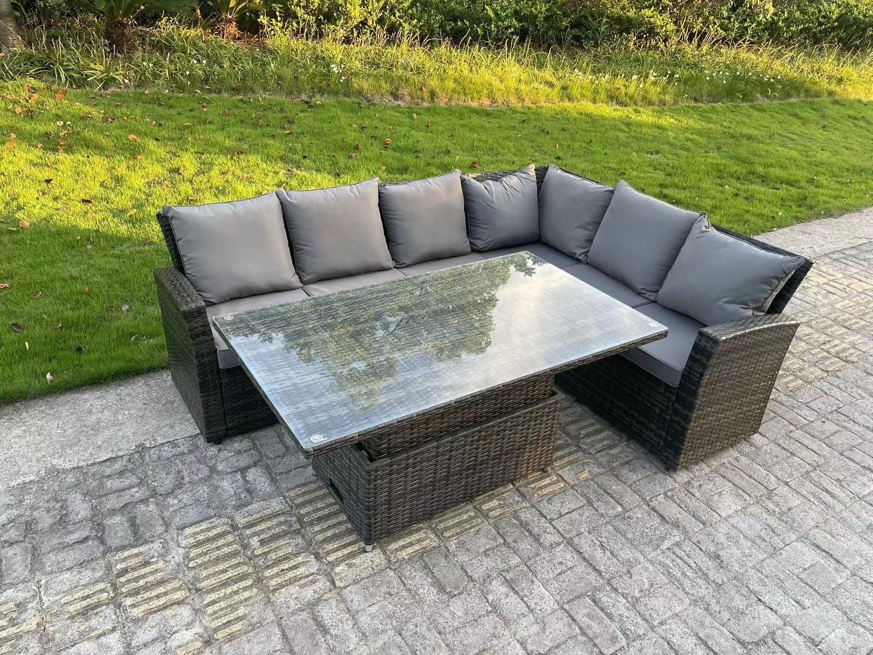 PE Rattan Corner Garden Furniture High Back Sofa Set Adjustable Rising Table 6 Seater