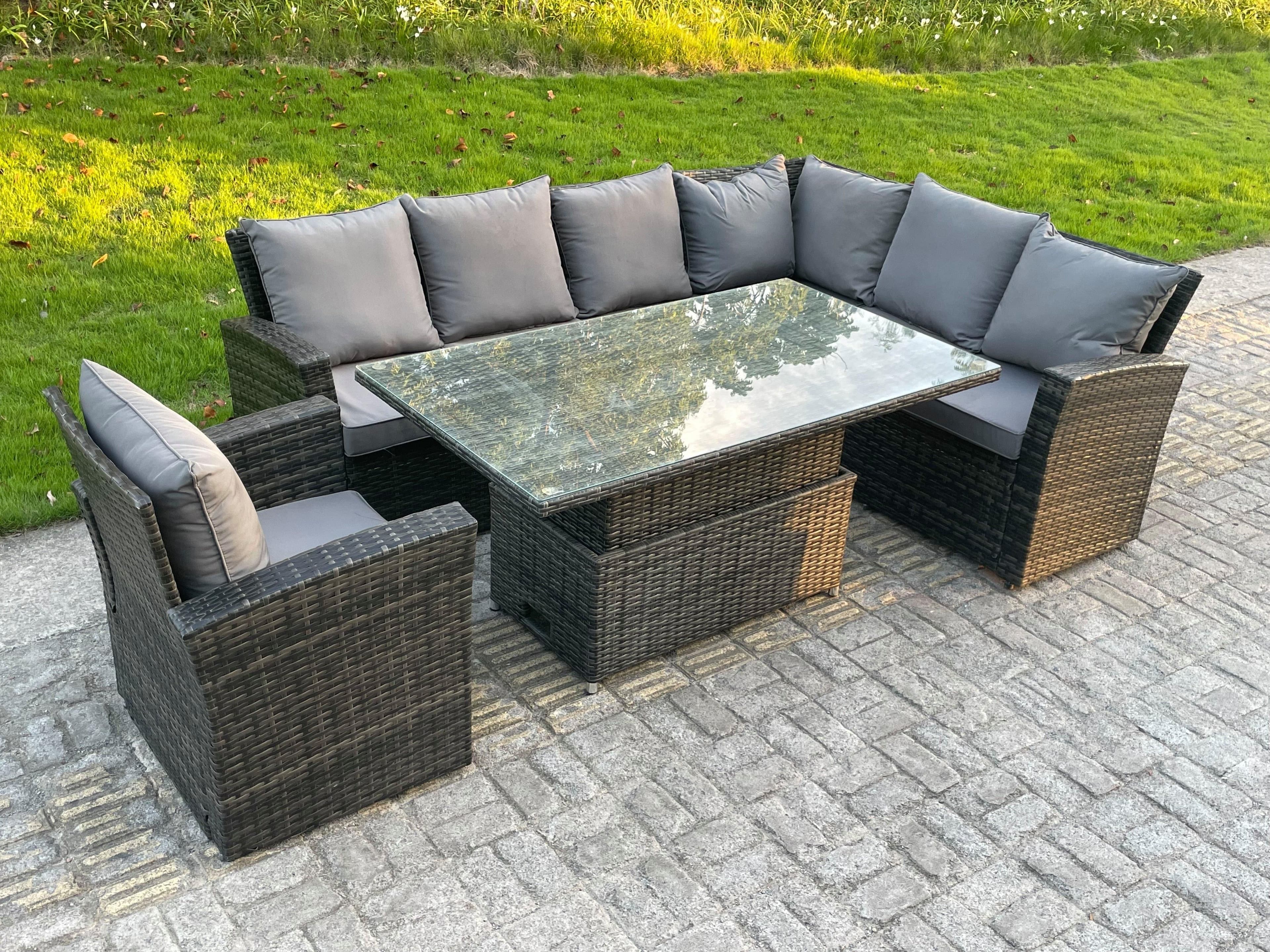 High Back PE Rattan Corner Sofa Set Garden Furniture Adjustable Rising Lifting Table