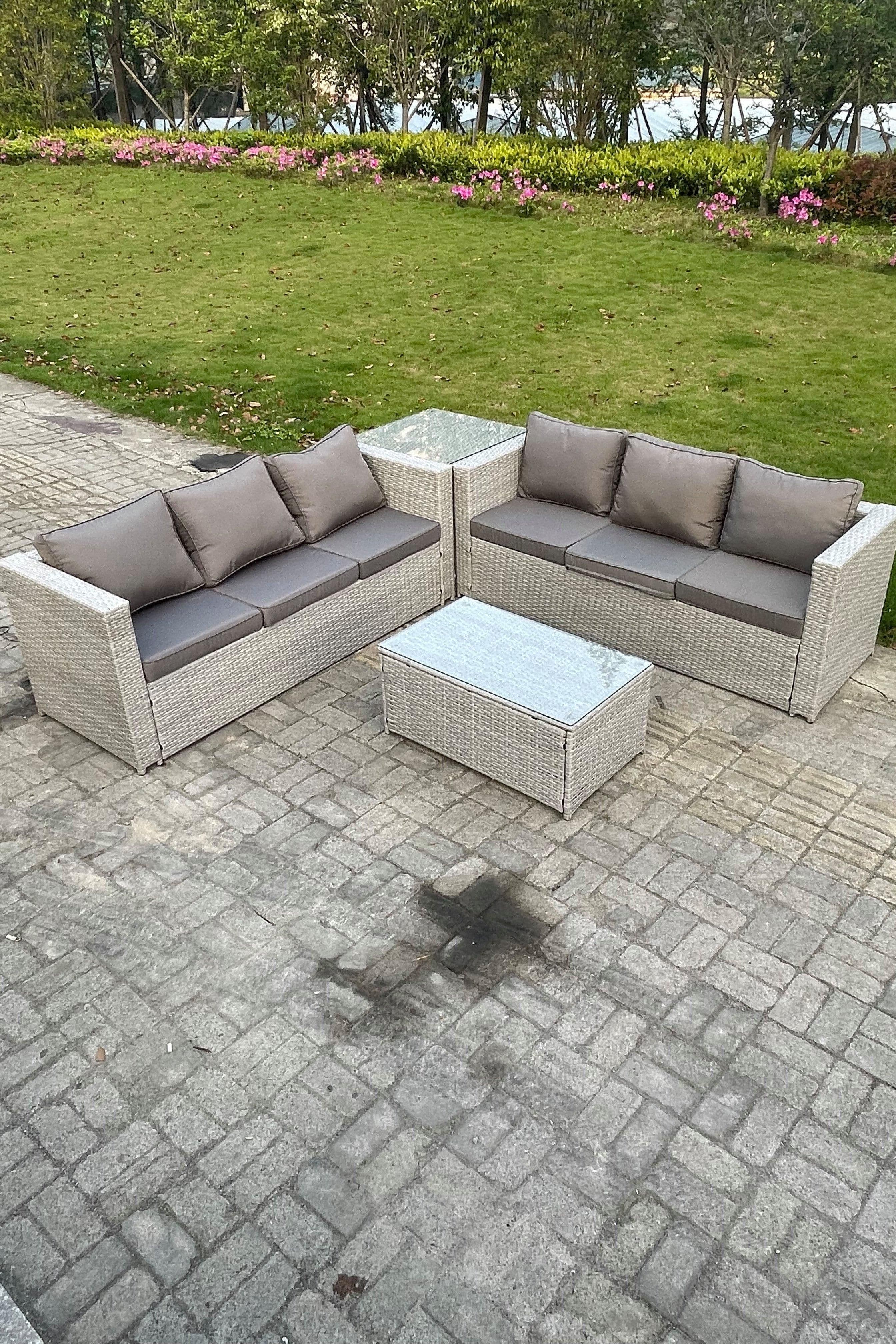 Light Grey Outdoor Rattan Garden Furniture Set Corner Sofa 2 Coffee Table