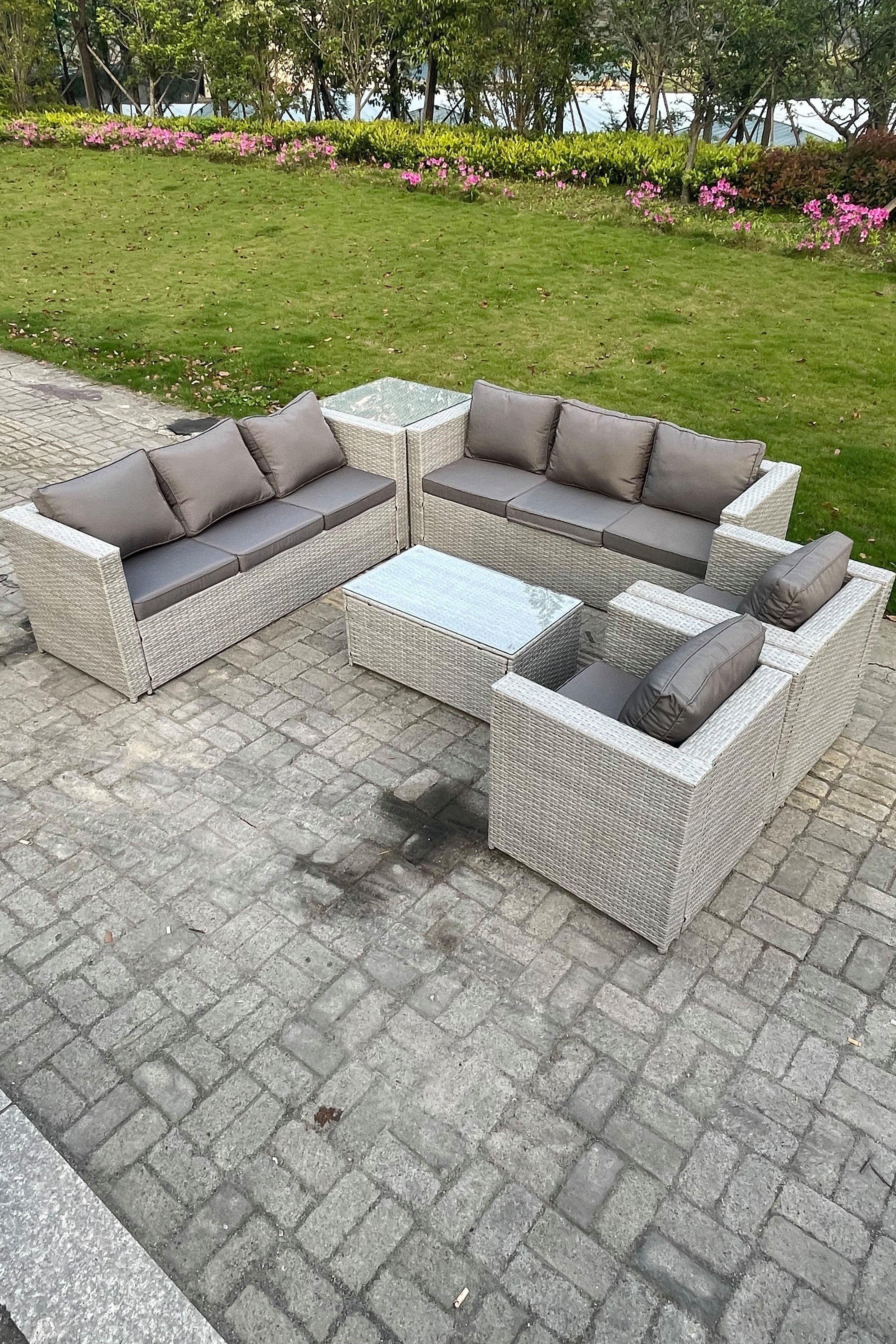 6 PC Light Grey Outdoor PE Rattan Garden Furniture Set Wicker Sofa Coffee Table 2 Armchair