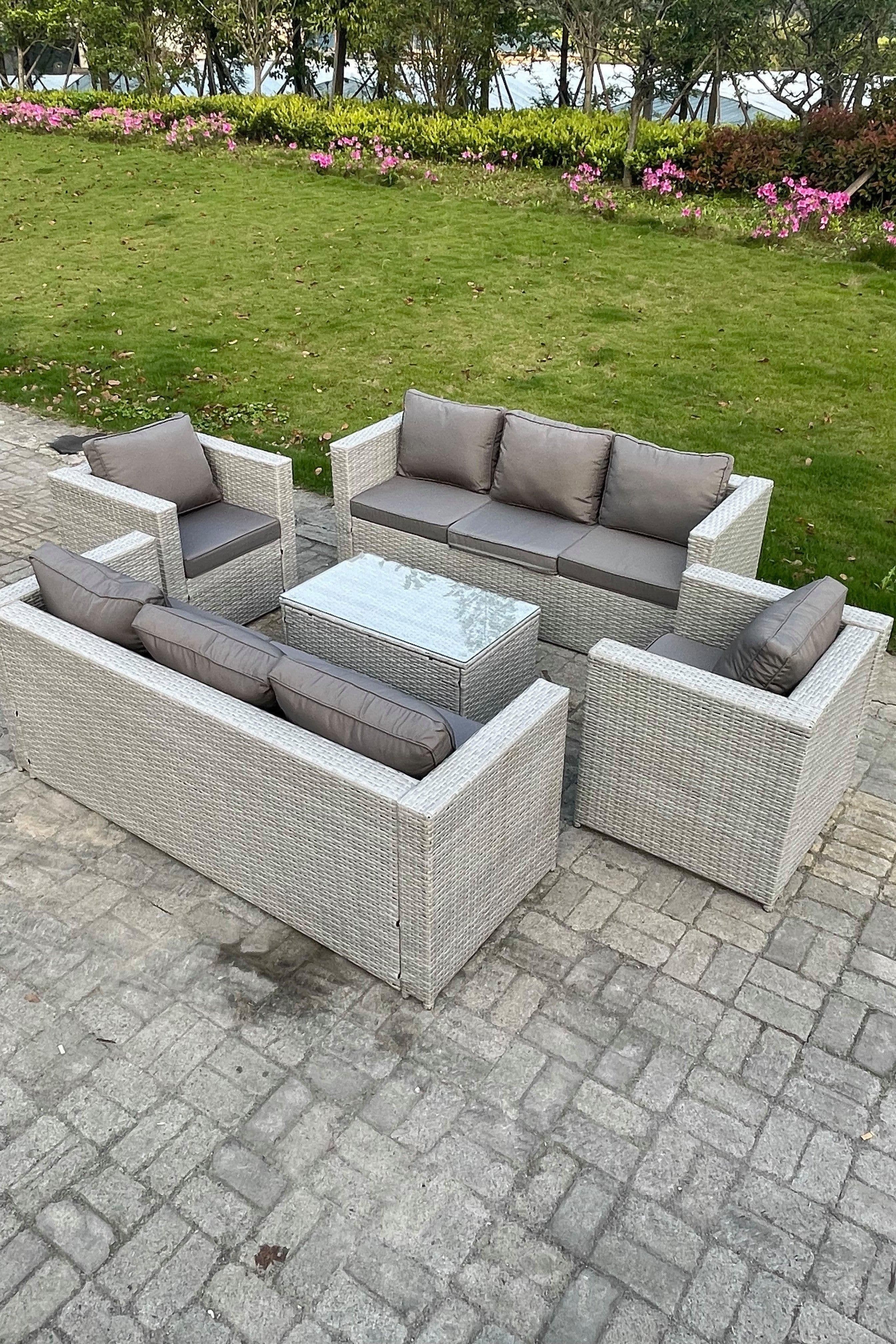 Outdoor PE Rattan Garden Furniture Set Wicker Sofa Set Oblong Coffee Table 2 Armchair
