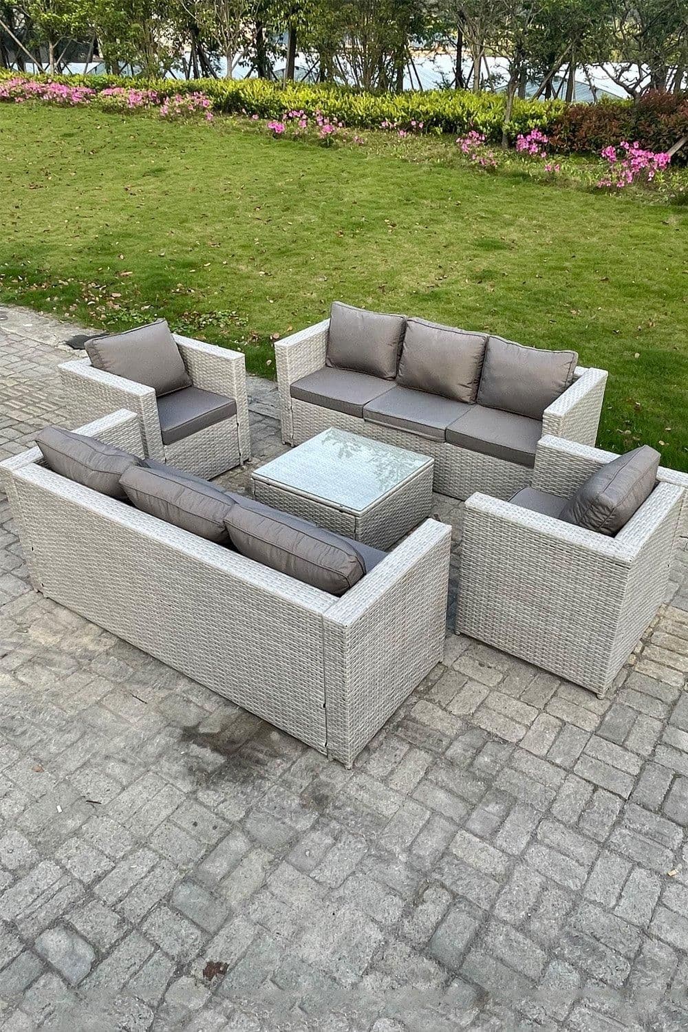 Light Grey Outdoor PE Rattan Garden Furniture Set Wicker Sofa Set Square Coffee Table
