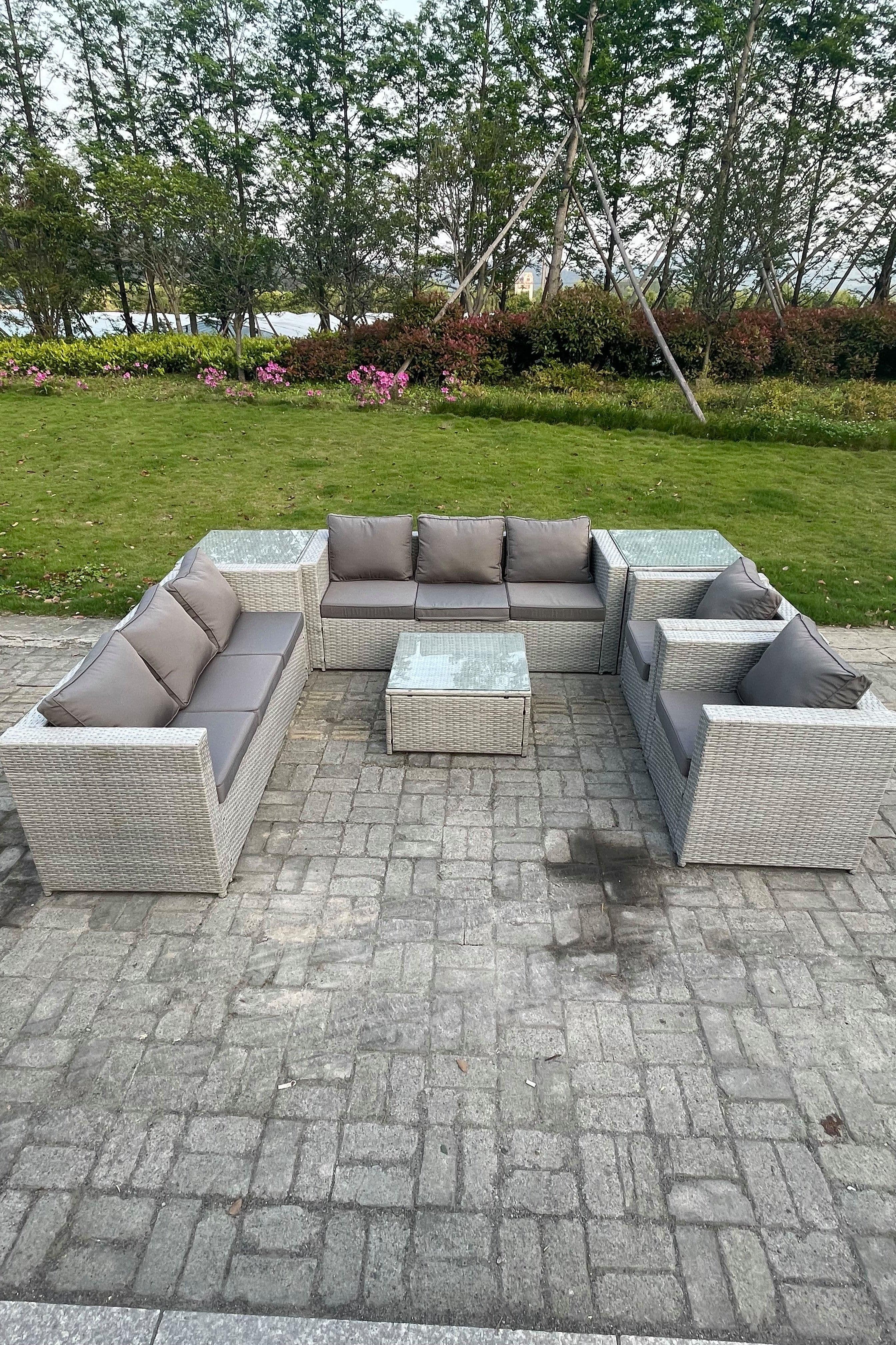 Outdoor PE Rattan Garden Furniture Set Wicker Sofa Set Square Coffee Table Armchair Side Table