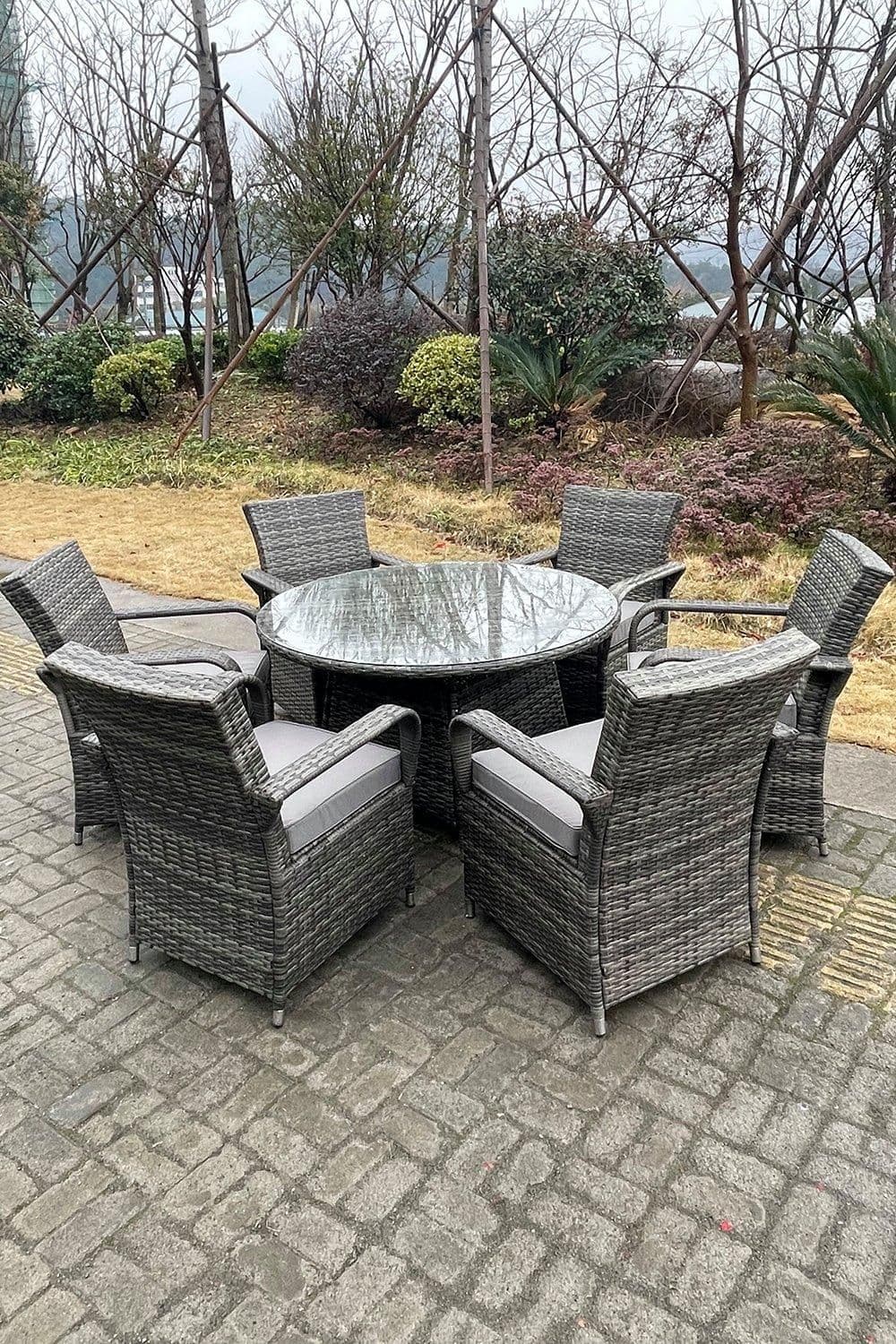 Rattan Dining Set Table Chair Sets PE Wicker Patio Outdoor 6 Chairs Plus Round Table