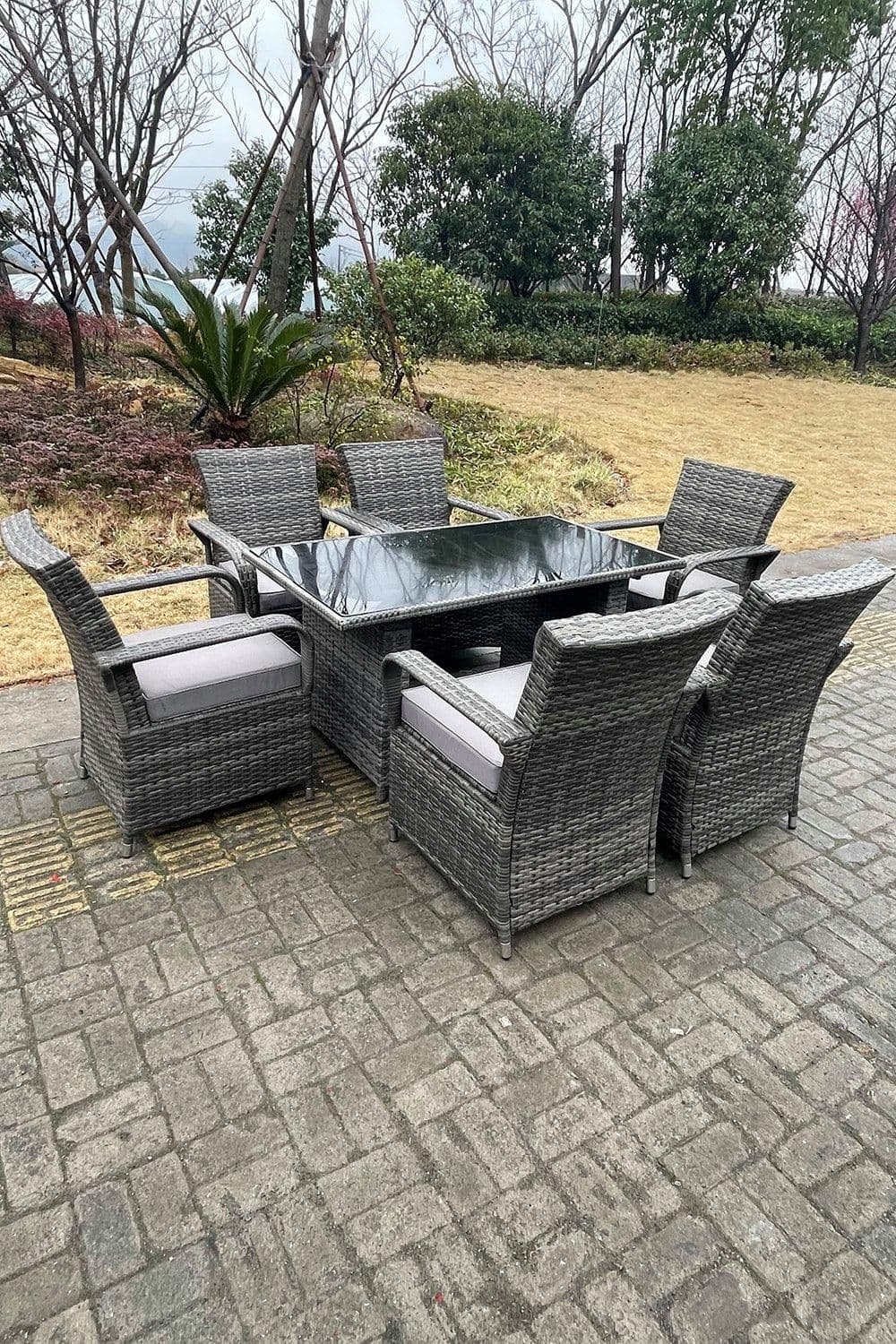 Rattan Dining Set Table Chair Sets PE Wicker Patio Outdoor 6 Chairs Tempered Glass Table