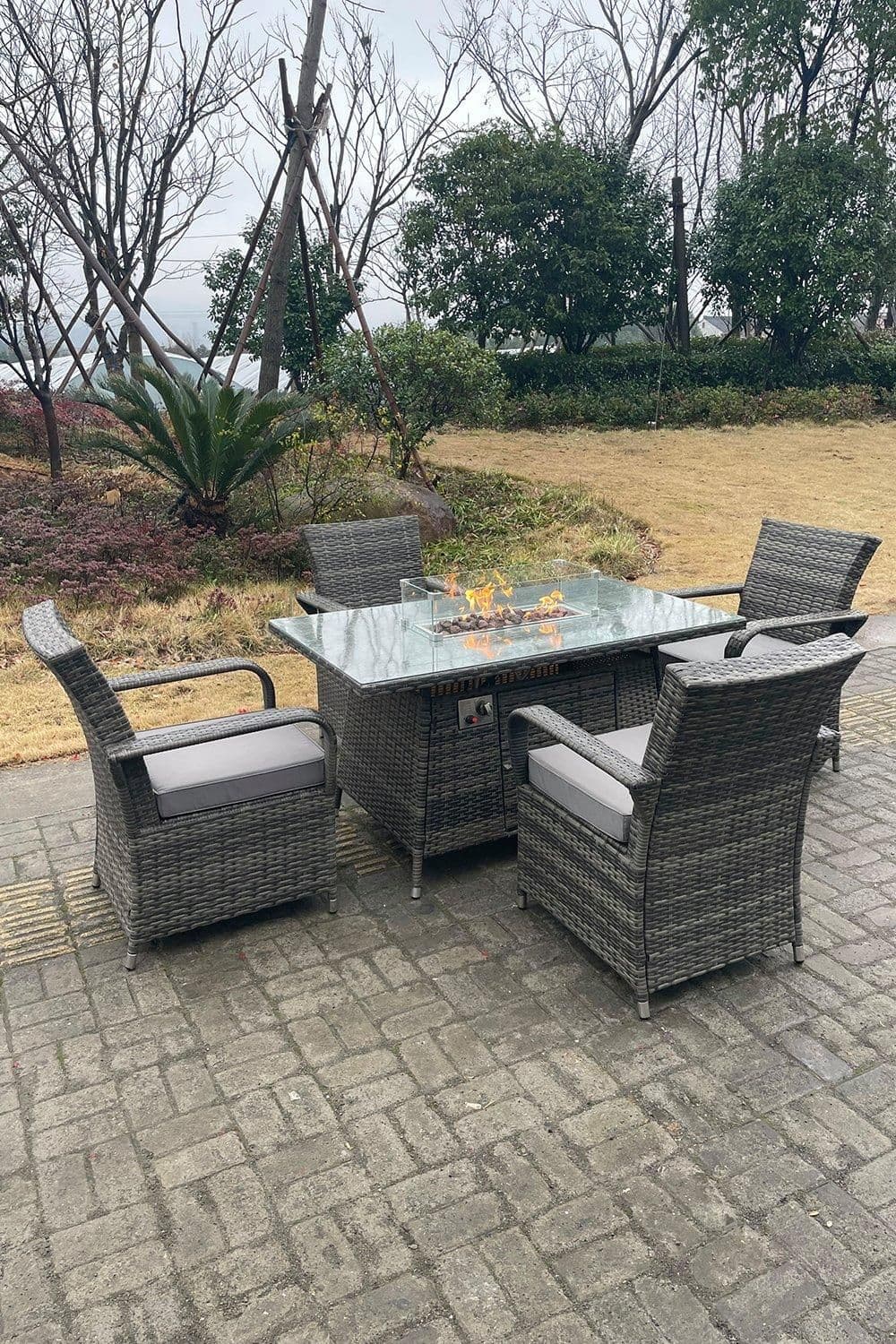 PE Rattan Gas Fire Pit Rectangle Dining Table Gas Heater Dining Tabe Chair Set 4 Seater