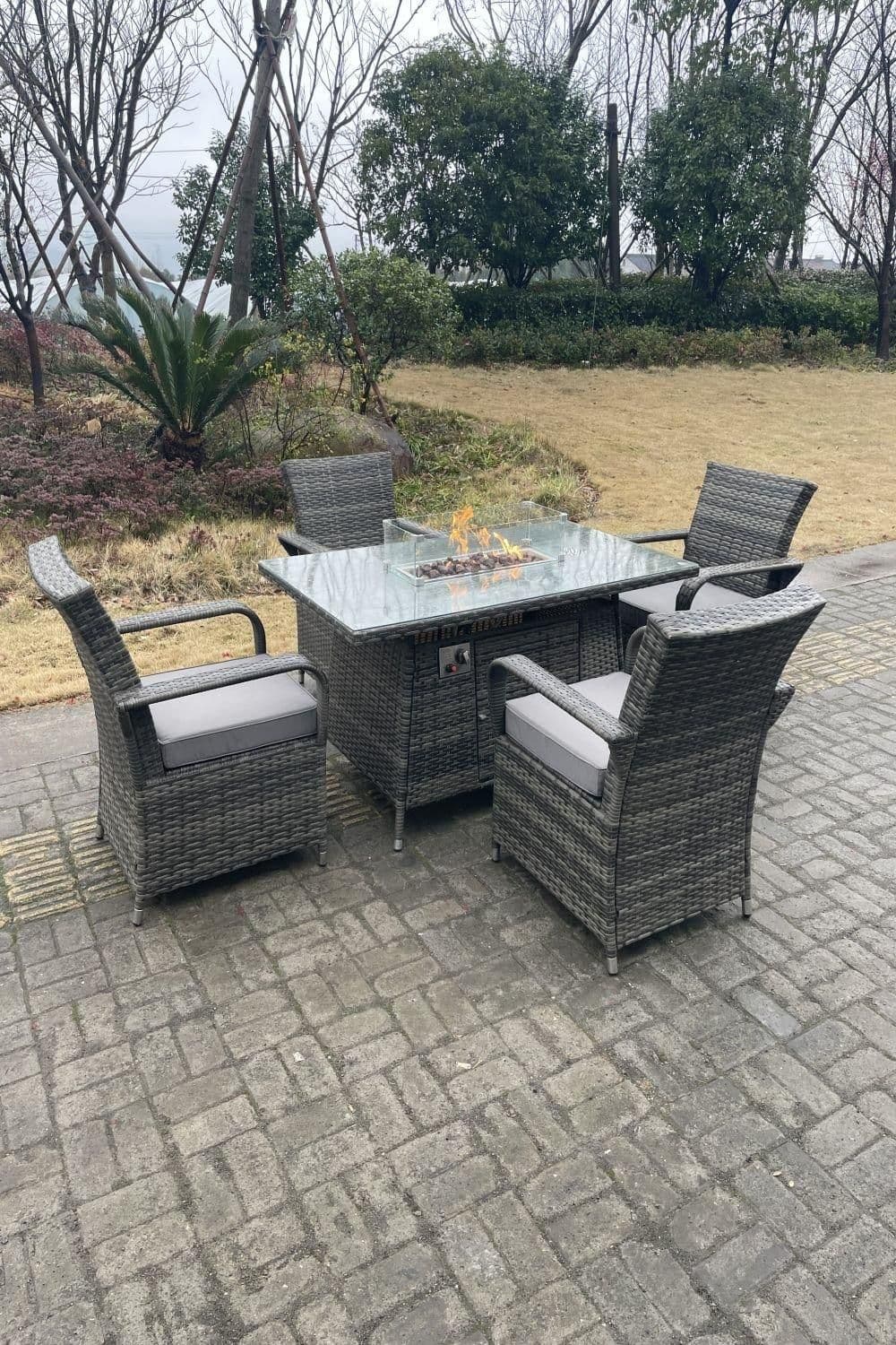 PE Rattan Gas Fire Pit Oblong Table Gas Heater Dining Table Chair Set 4 Seater