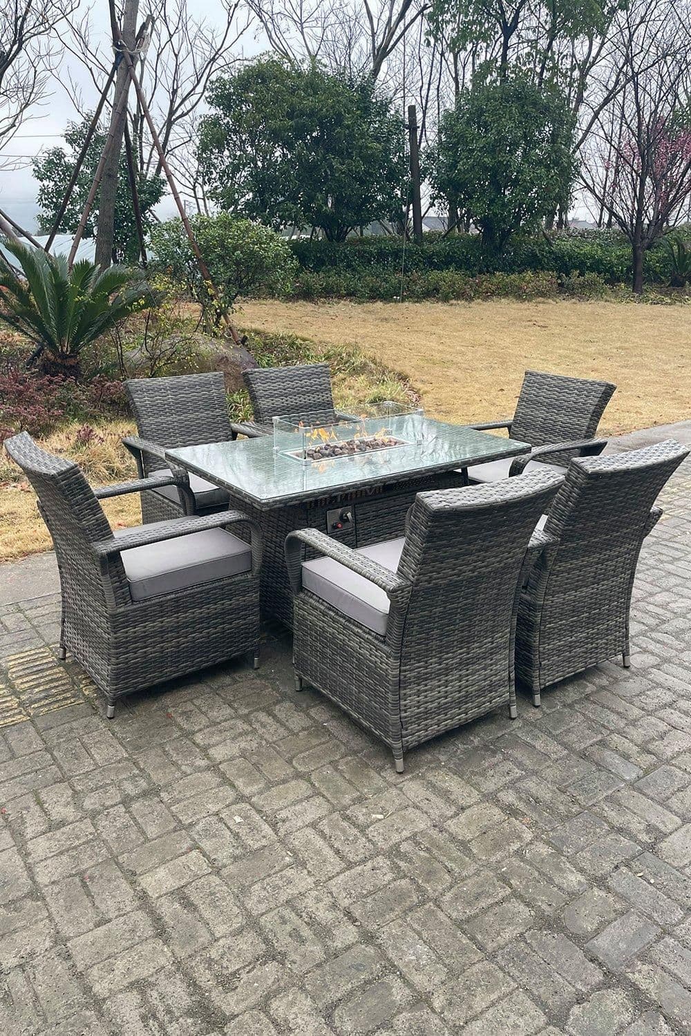 Rattan Gas Fire Pit Oblong Dining Table Gas Heater Table Chair Set 6 Seater