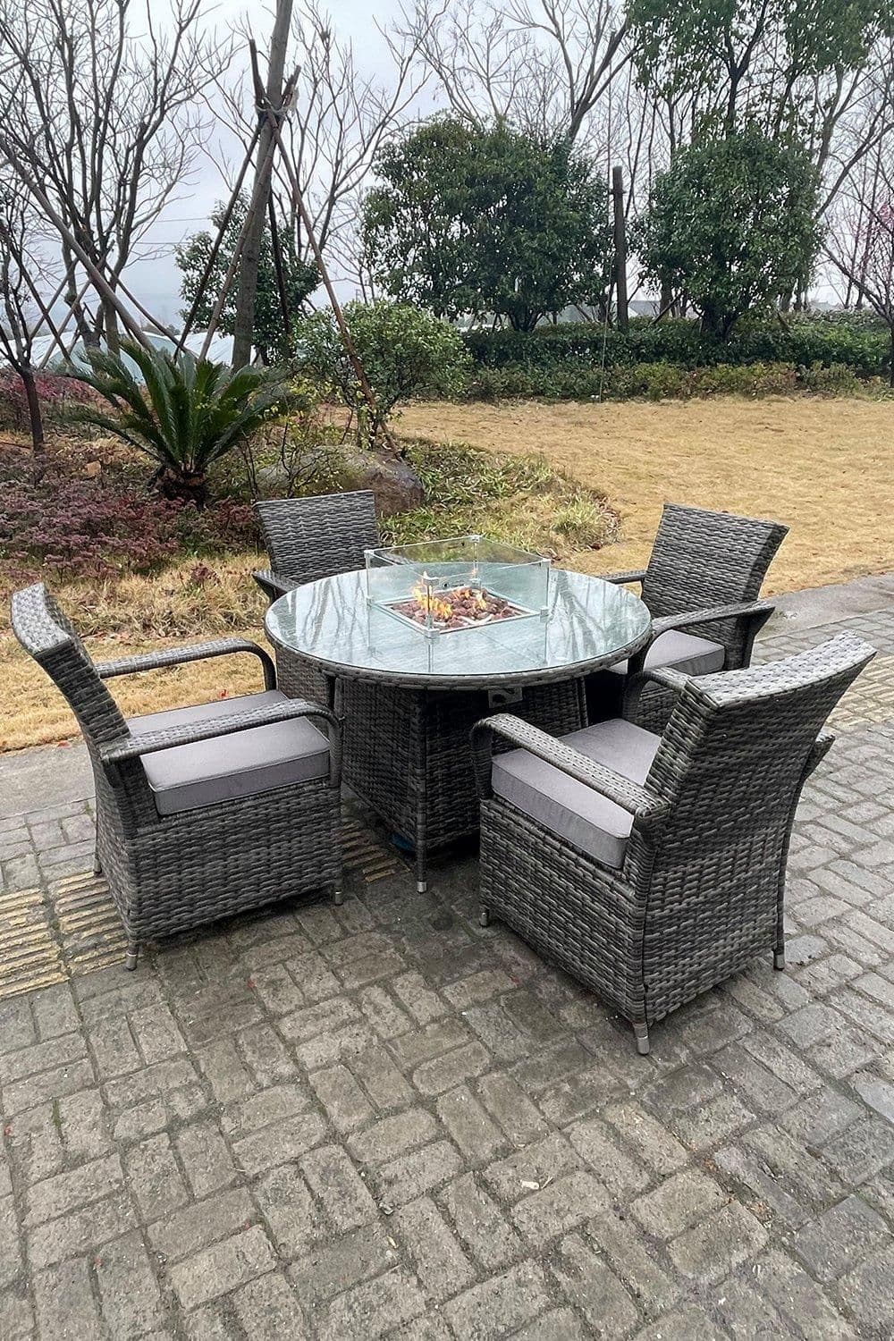 PE Rattan Gas Fire Pit Round Dining Table Gas Heater Dining Table Chair Set 4 Seater